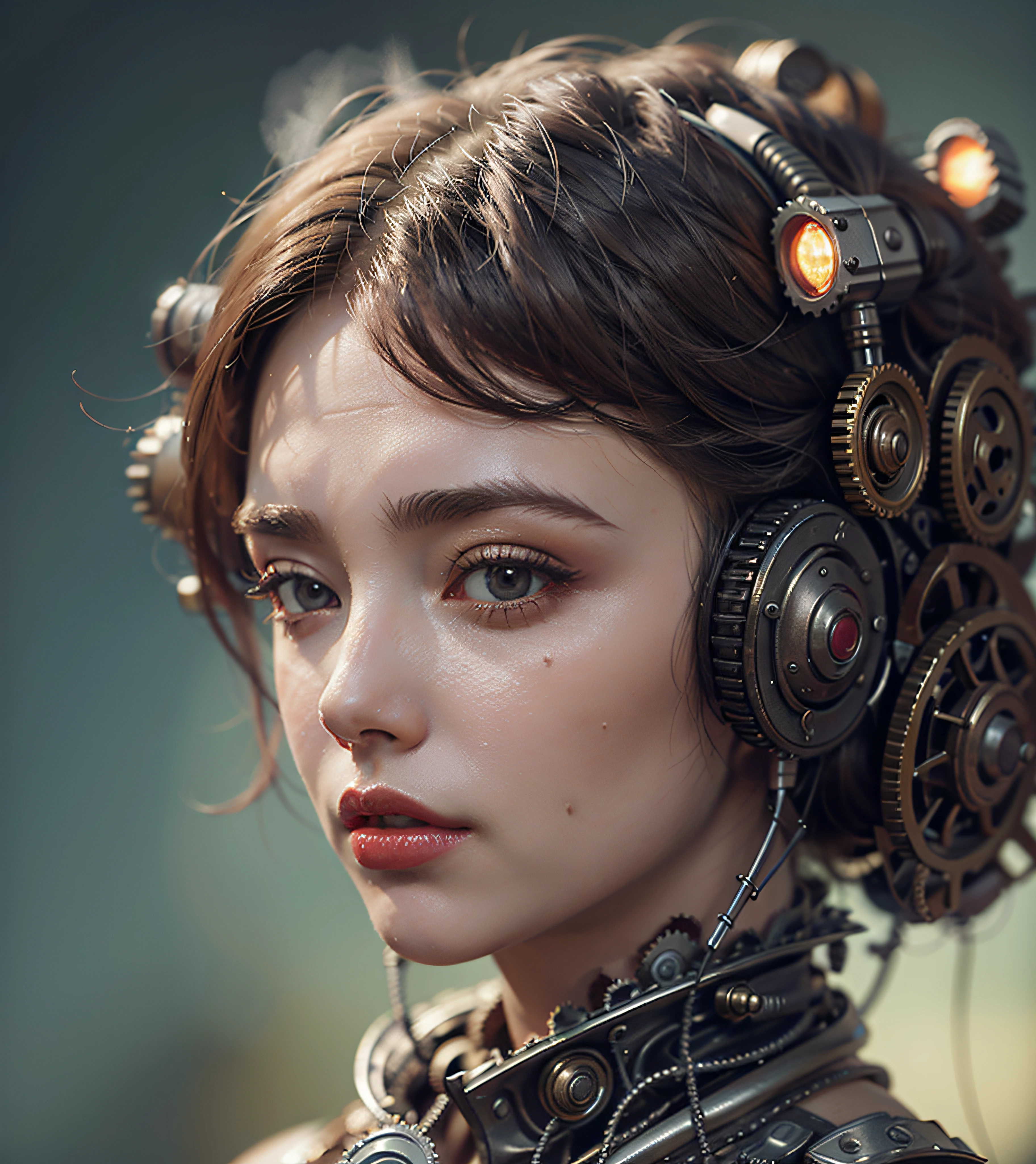 There's a woman with gears attached to her head with steam, Portrait of a mechanical woman, Arte digital 4K realista, Arte digital 4K realista, Wojtek FUS, Arte digital altamente detalhada em 4k, Cyber Steampunk 8K 3D, arte steampunk digital, Arte digital realista 8k, Arte digital detalhada em 4k, Arte cyberpunk 8K ultrarrealista, arte conceitual ultra realista,