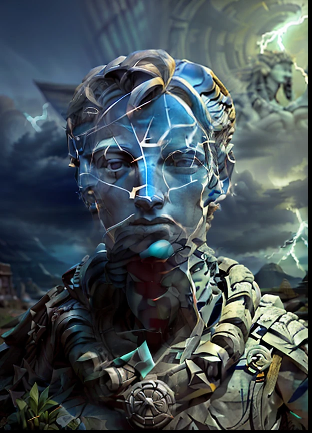 a boy with, monument, statue, chiton, peplos, (head closeup:1.2), lightning bolt, sharp focus, front view, fantasy, concept art, epic composition, photography