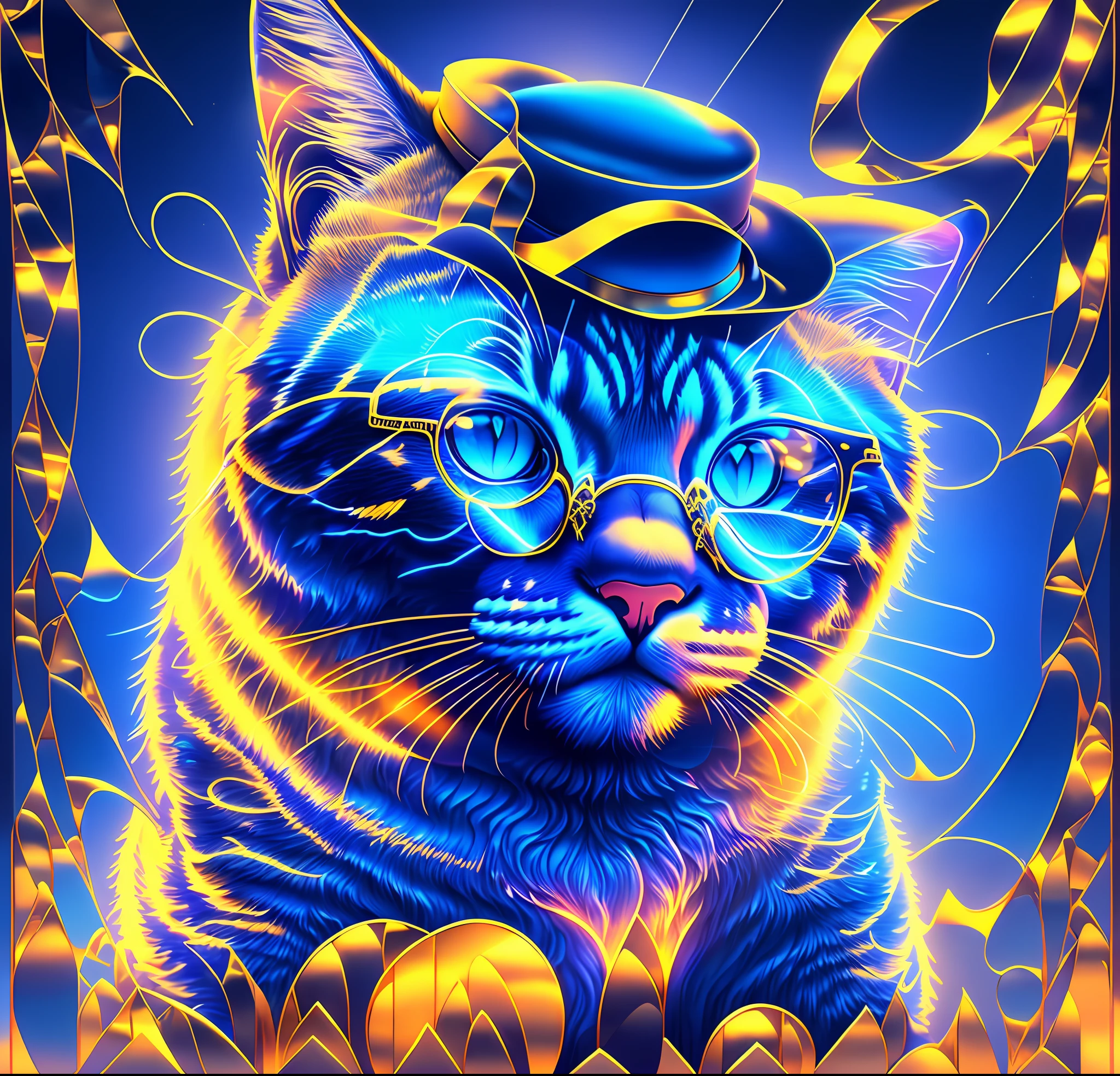 Giant cat wearing a blue hat with charming glasses high resolution 32k white background transparent background pantographic landscape with drip golden light, Ultra realistic neon with maximum detail --auto --s2