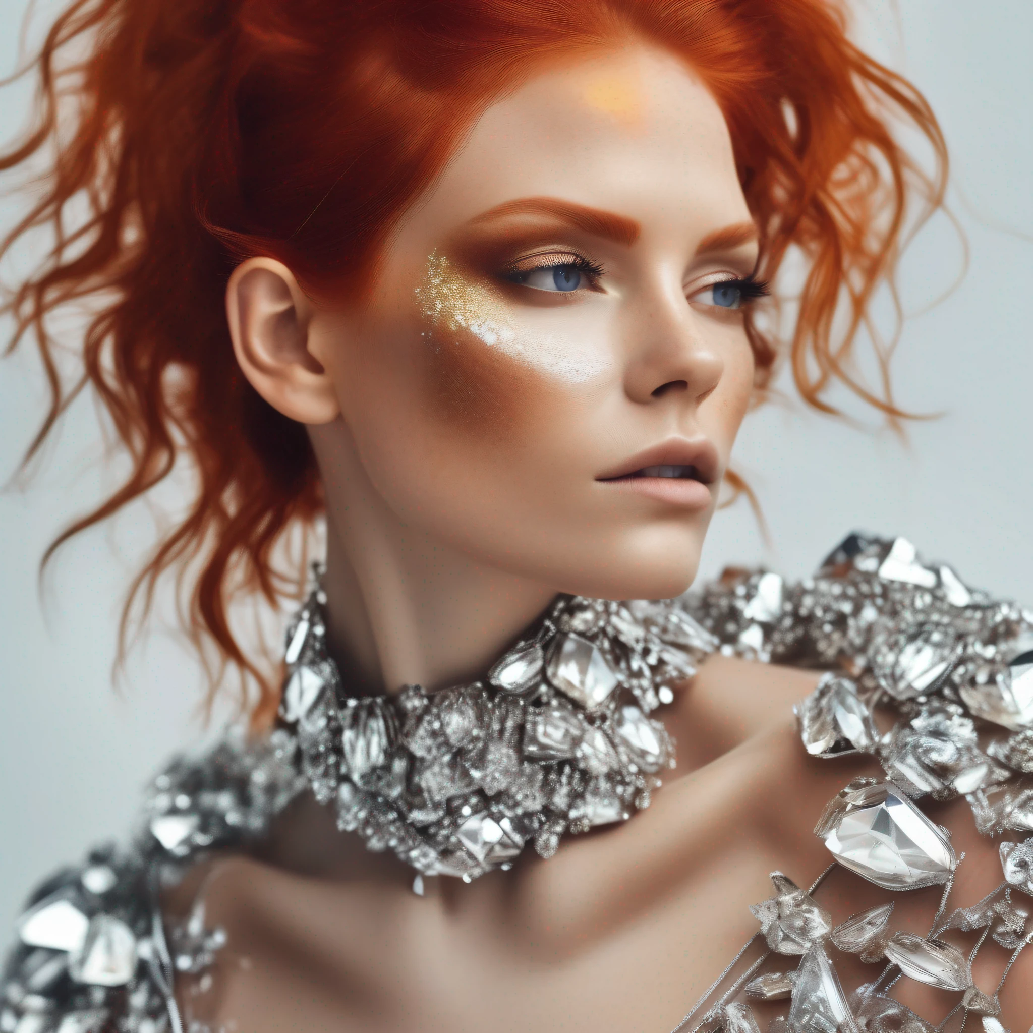 a woman with red hair and a large set of, in the style of sterling silver highlights, made of crystals, celebrity photography, fashwave, amber, pigeoncore, dau al set