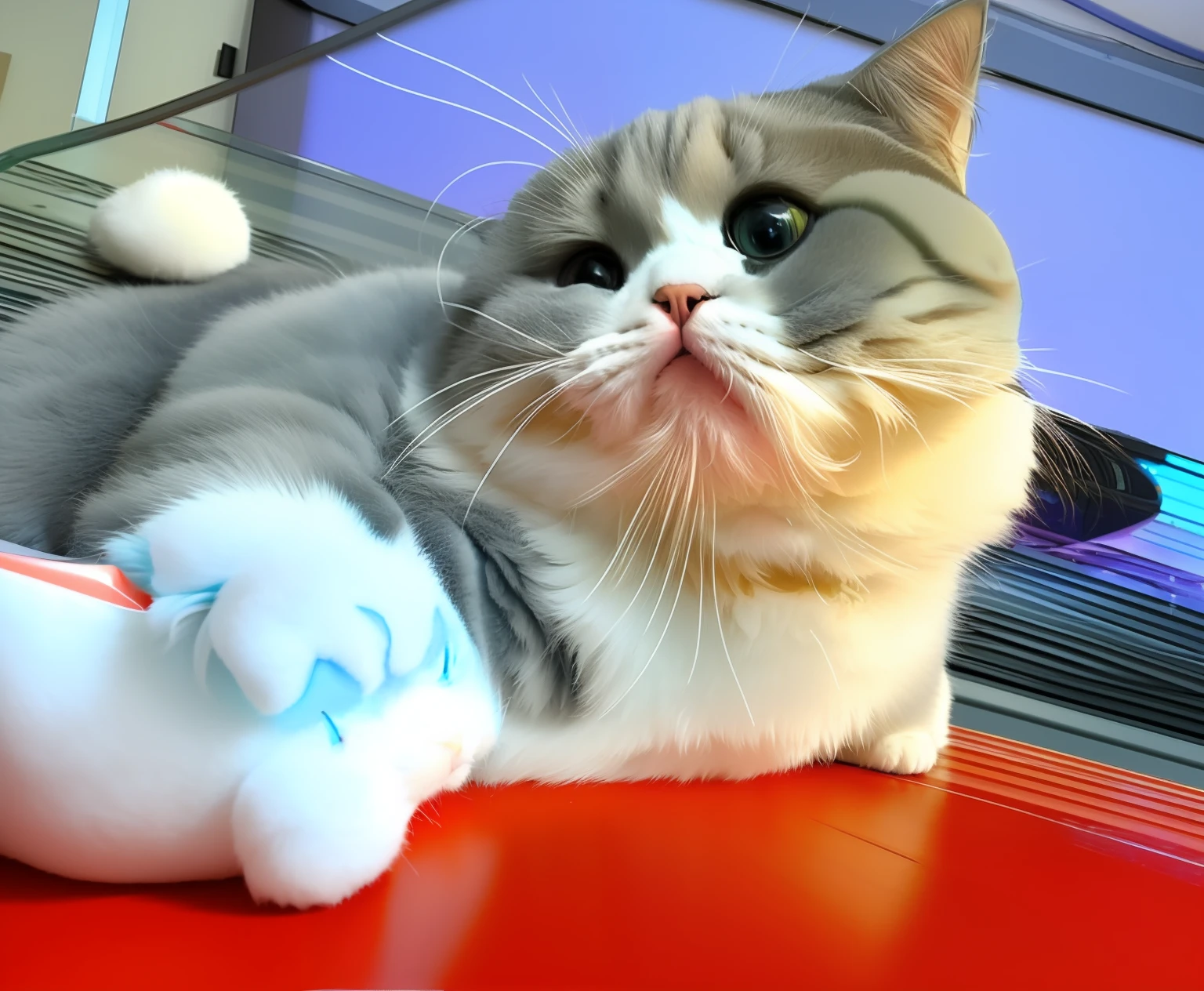 there is a cat that is laying down on a table, exotic shorthair cat, fat cat on desk, chonker cat, scottish fold, fat chibi grey cat, sad cat, the cat is smiling, is looking at the camera, Fat cat, a cat is smiling, komono, she has a jiggly fat round belly