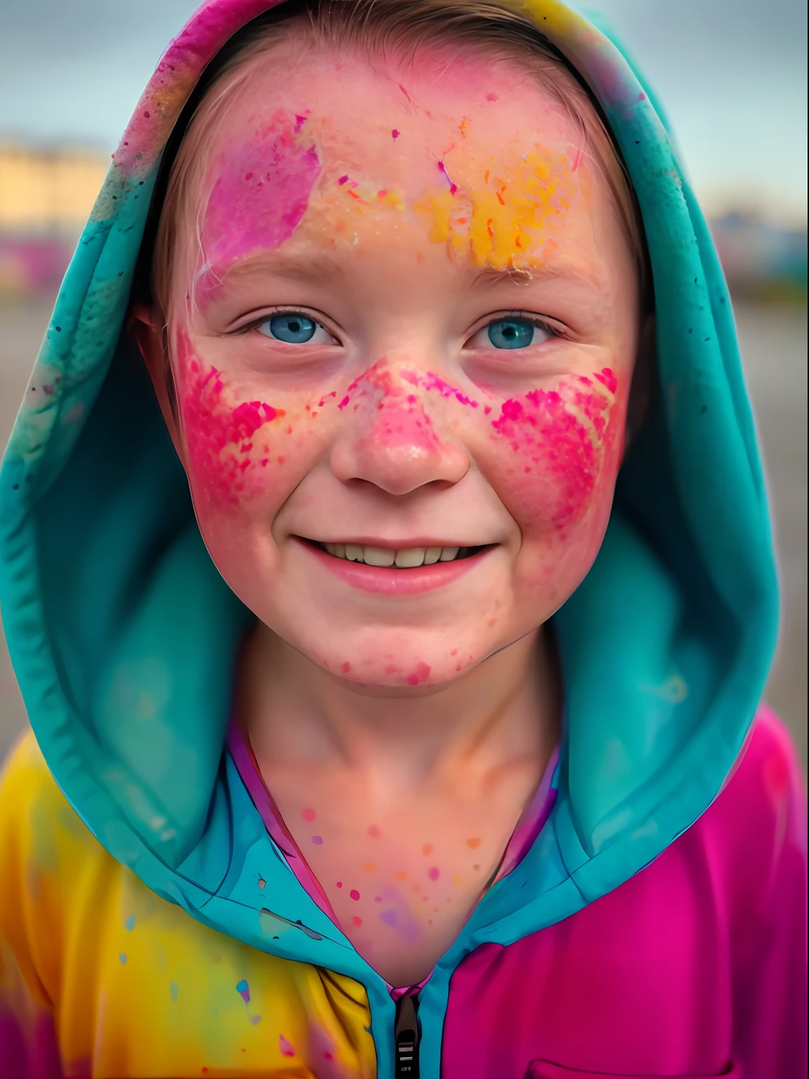 Beautiful American student in a full-length hoodie, looks at the viewer, Holi Color Festival, European type of appearance, European face, Blue eyes and blonde hair, Smiling, benevolent expression on the face, against the backdrop of the city, a lot of details, гипердетальный POV, by Lee Jeffries, Nikon D850, Camera roll, 4 Kodak Portra 400, F1 camera lens.6, saturated colors, A hyper-realistic, lifelike texture, spectacular lighting, Cinestill 800,