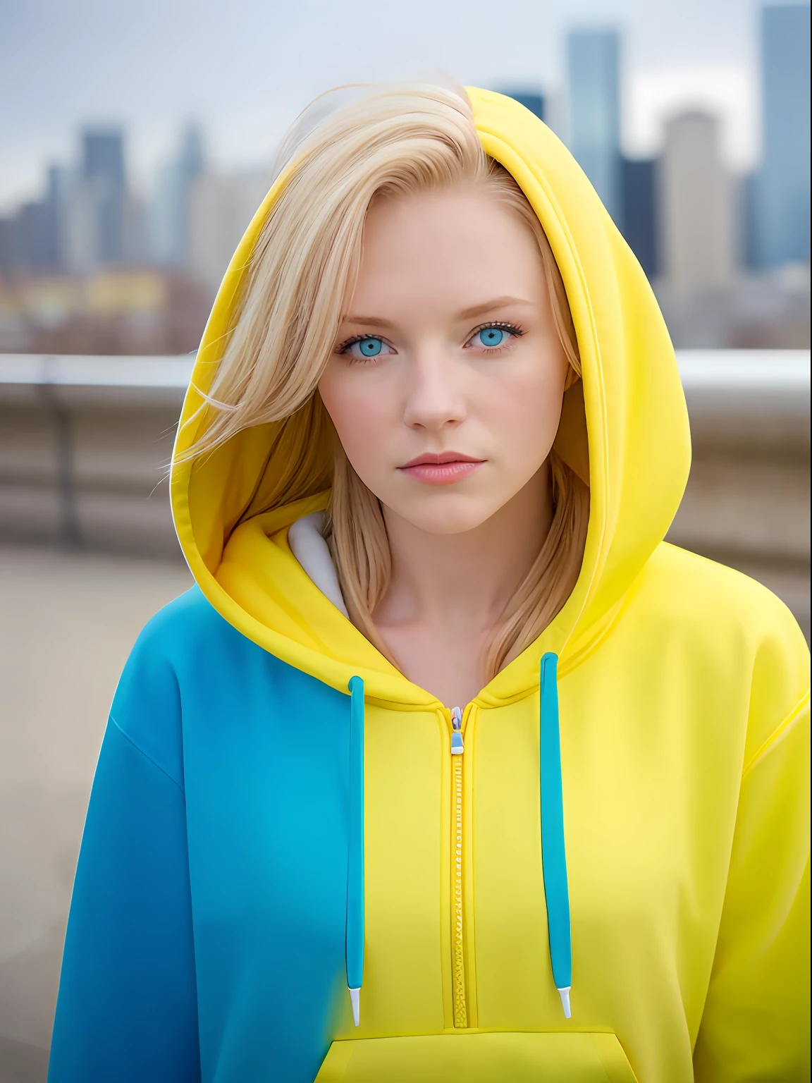 Beautiful american young woman wearing a full-length hoodie, looks at the viewer, Holi Color Festival, European type of appearance, European face, Blue eyes and blonde hair,  against the backdrop of the city, a lot of details, гипердетальный POV, by Lee Jeffries, Nikon D850, Camera roll, 4 Kodak Portra 400, F1 camera lens.6, saturated colors, A hyper-realistic, lifelike texture, spectacular lighting, Cinestill 800,