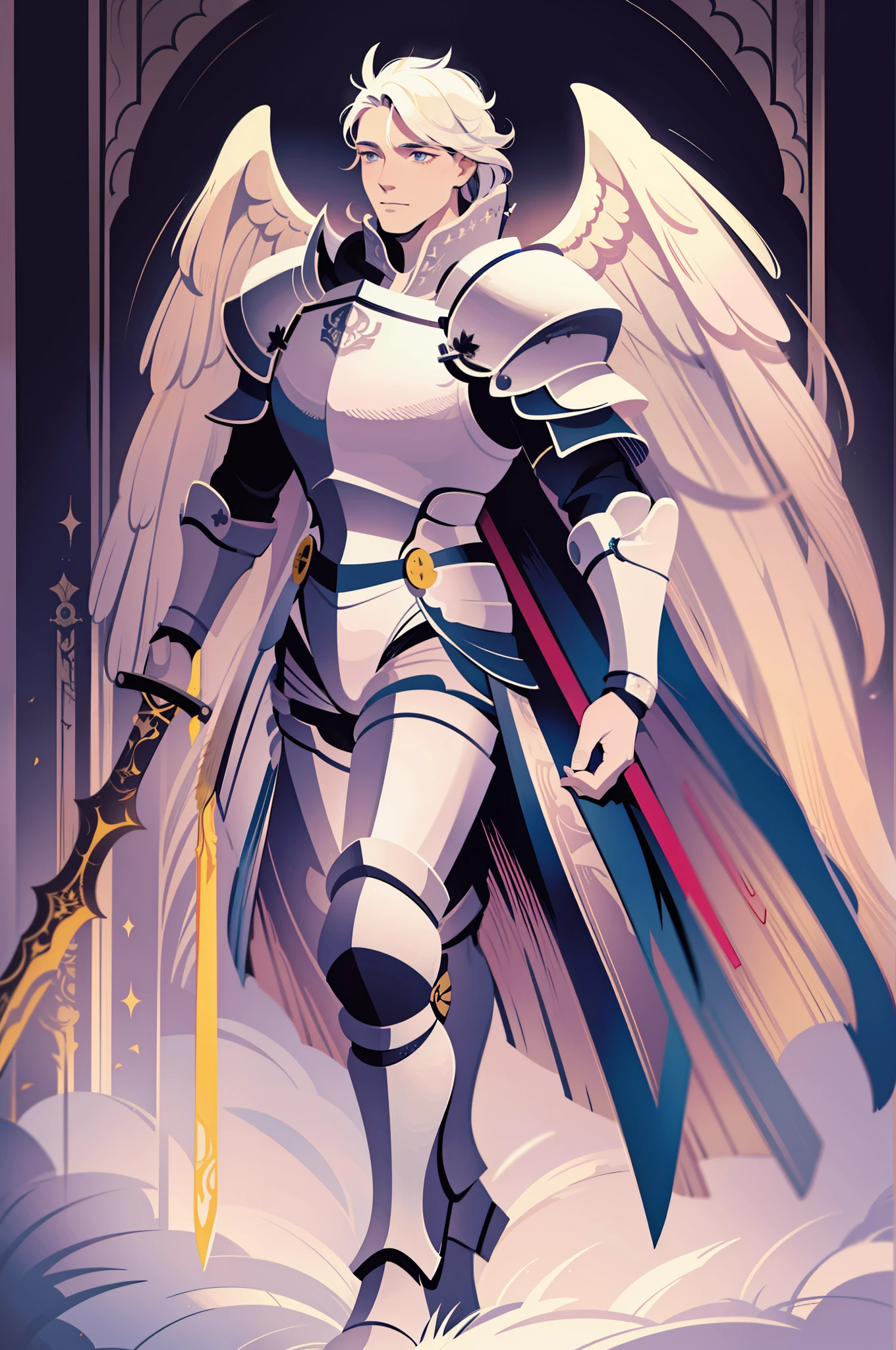 knight, young men, sword holding , schield holding, angel, silver hair, blue eyes, portrait, 1character, full body muscular male, boots, walking