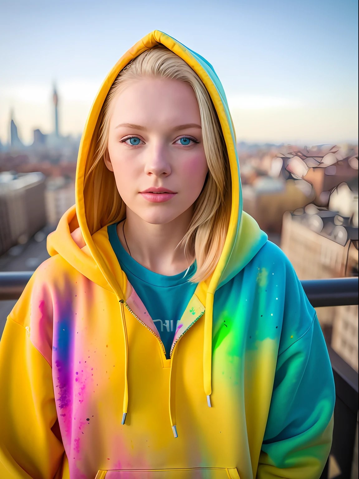 Beautiful young woman in full-length hoodie, looks at the viewer, Holi Color Festival, European type of appearance, European face, Blue eyes and blonde hair,  Against the backdrop of a sunny city, Details, rays of sunshine, гипердетальный POV, by Lee Jeffries, Nikon D850, Camera roll, 4 Kodak Portra 400, F1 camera lens.6, saturated colors, A hyper-realistic, lifelike texture, spectacular lighting, Cinestill 800,