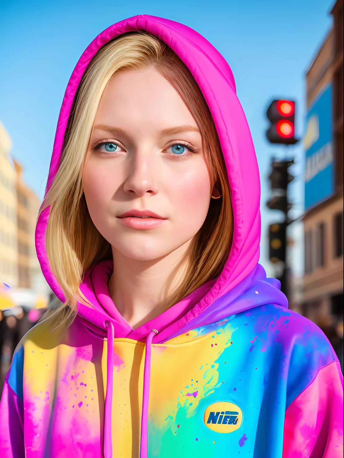 Beautiful young woman in full-length hoodie, looks at the viewer, Holi Color Festival, European type of appearance, European face, Blue eyes and blonde hair, Against the backdrop of a sunny city, Details, rays of sunshine, гипердетальный POV, by Lee Jeffries, Nikon D850, Camera roll, 4 Kodak Portra 400, F1 camera lens.6, saturated colors, A hyper-realistic, lifelike texture, spectacular lighting, Cinestill 800,