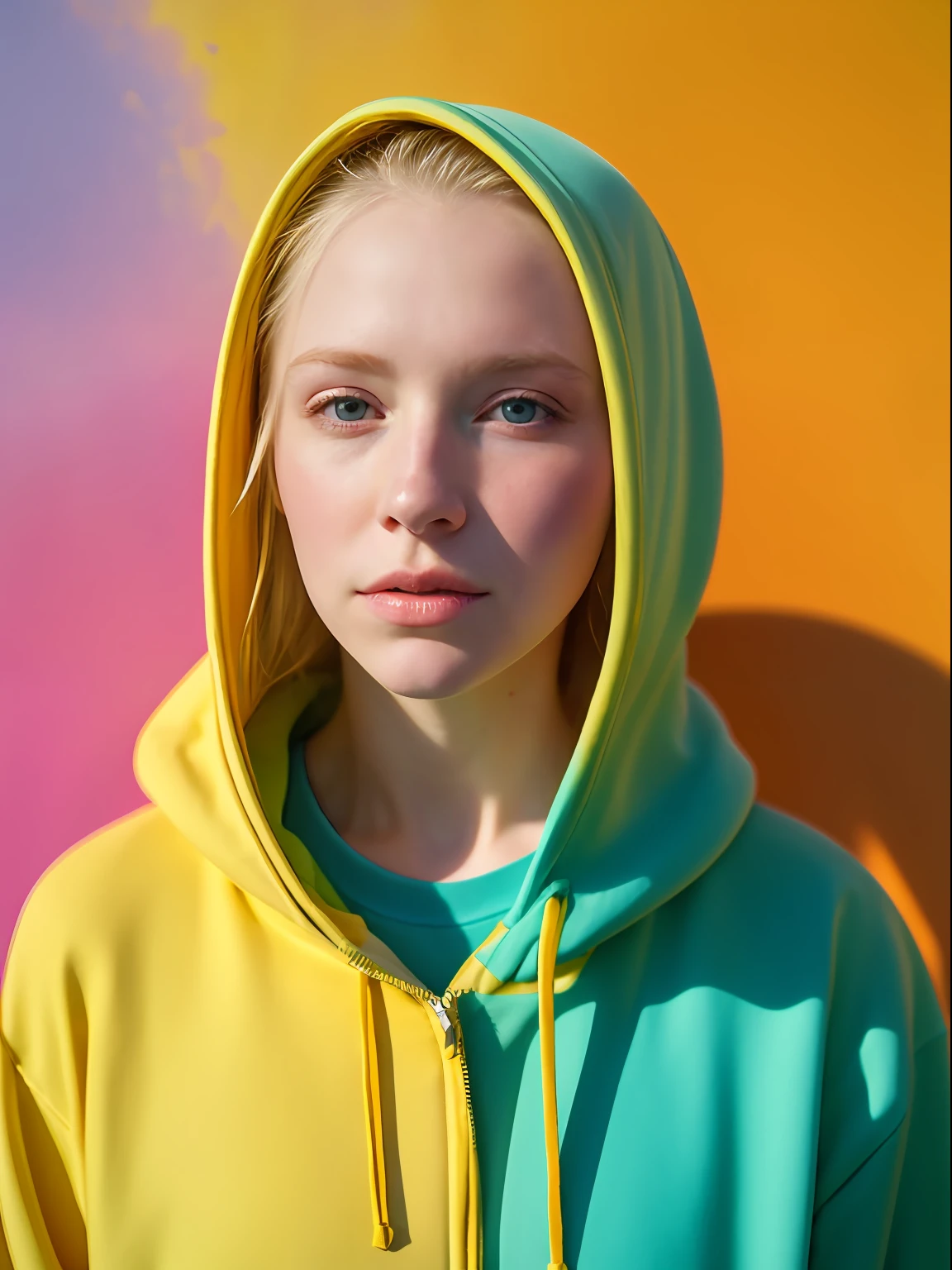 Beautiful young woman in full-length hoodie, looks at the viewer, Holi Color Festival, European type of appearance, European face, Blue eyes and blonde hair,  Against the backdrop of a sunny city, Details, rays of sunshine, гипердетальный POV, by Lee Jeffries, Nikon D850, Camera roll, 4 Kodak Portra 400, F1 camera lens.6, saturated colors, A hyper-realistic, lifelike texture, spectacular lighting, Cinestill 800,