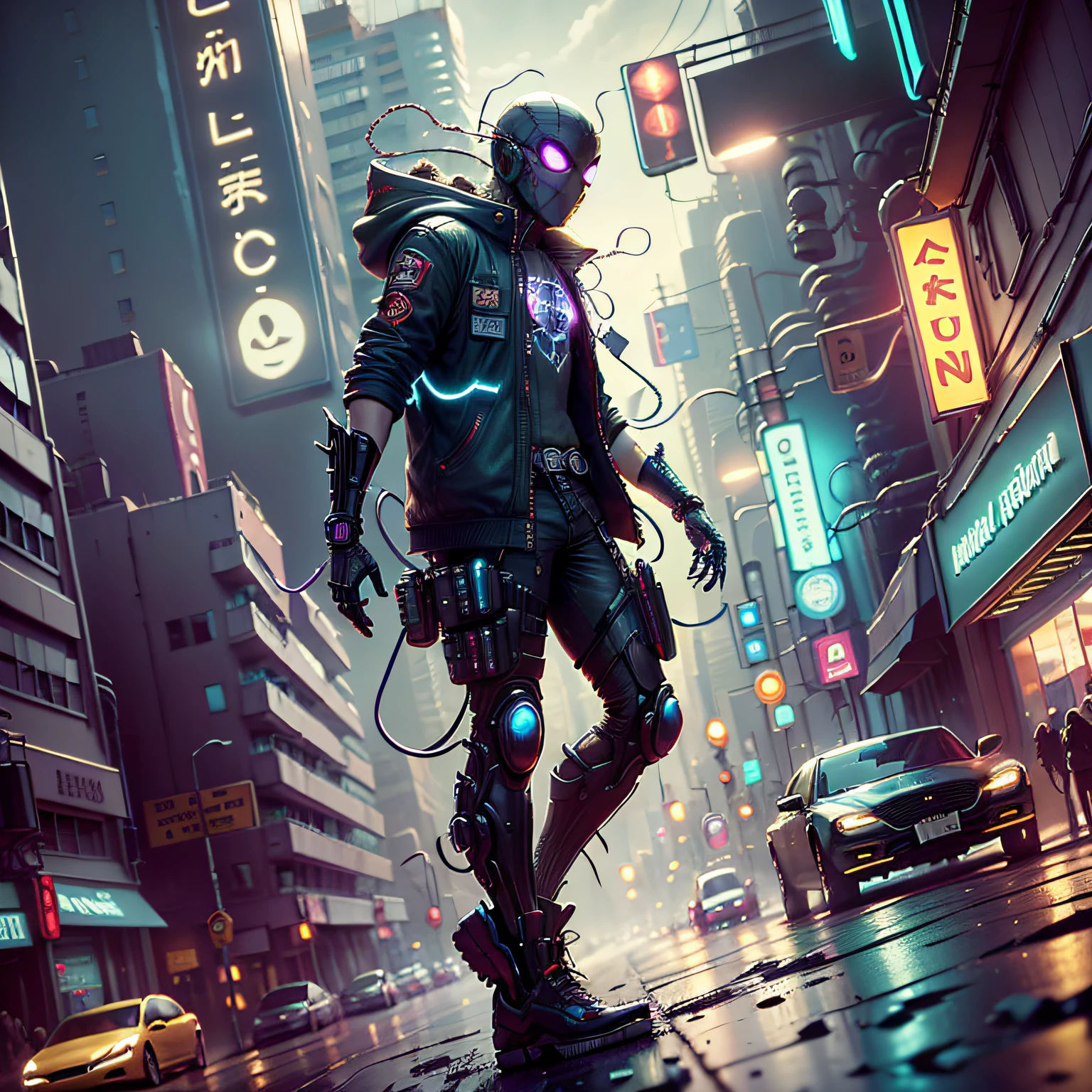 (8k, 8d, foto RAW, melhor qualidade, obra-prima: 1.2),Full body photo angle a beautiful cyberpunk city purple, a cyberpunk Spider man with a cyberpunk coat,neon light --auto --s2