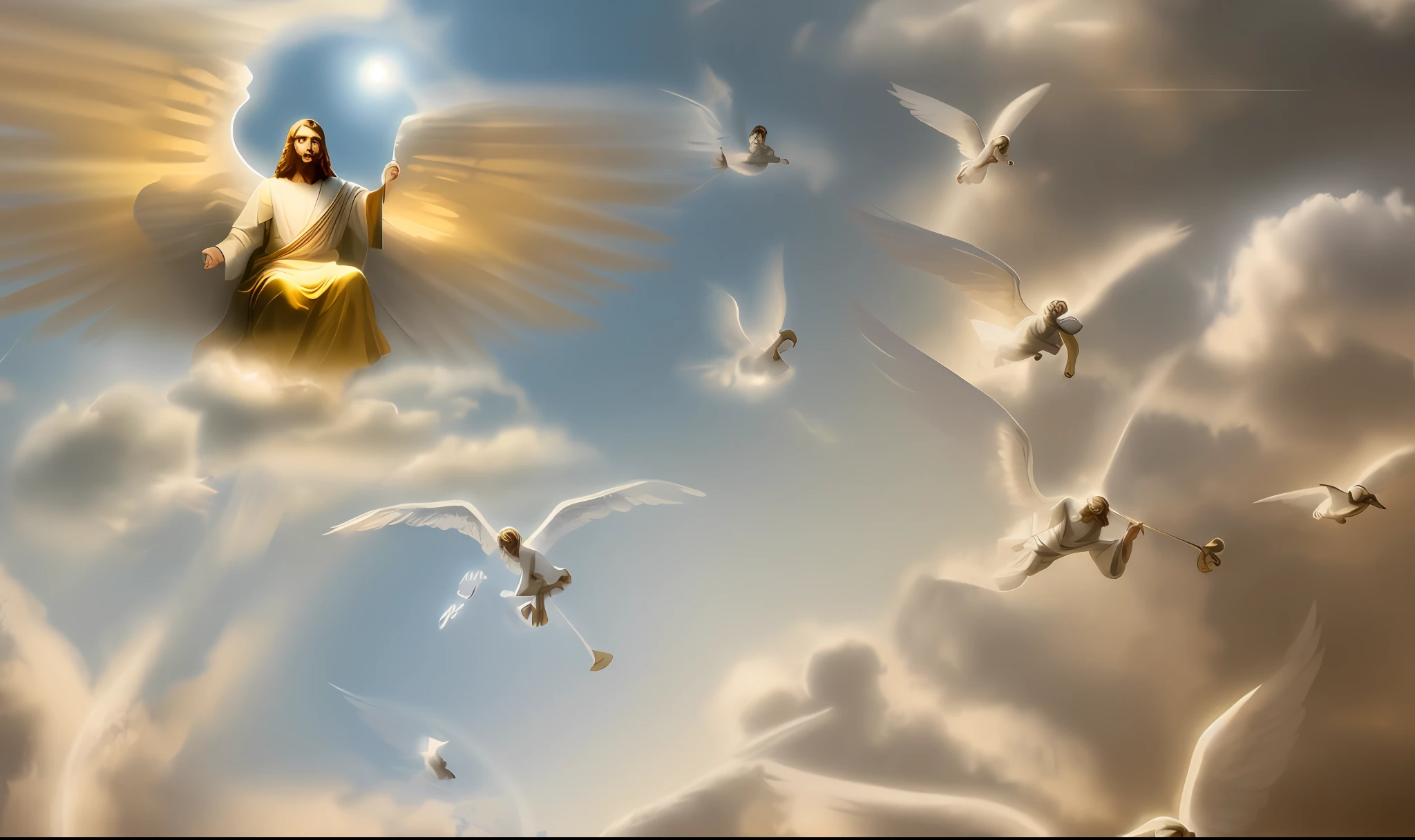 Return of Jesus with his realistic male angel coming on the realistic clouds we heavens sitting on his great golden throne realistic in the clouds of the realistic heavens