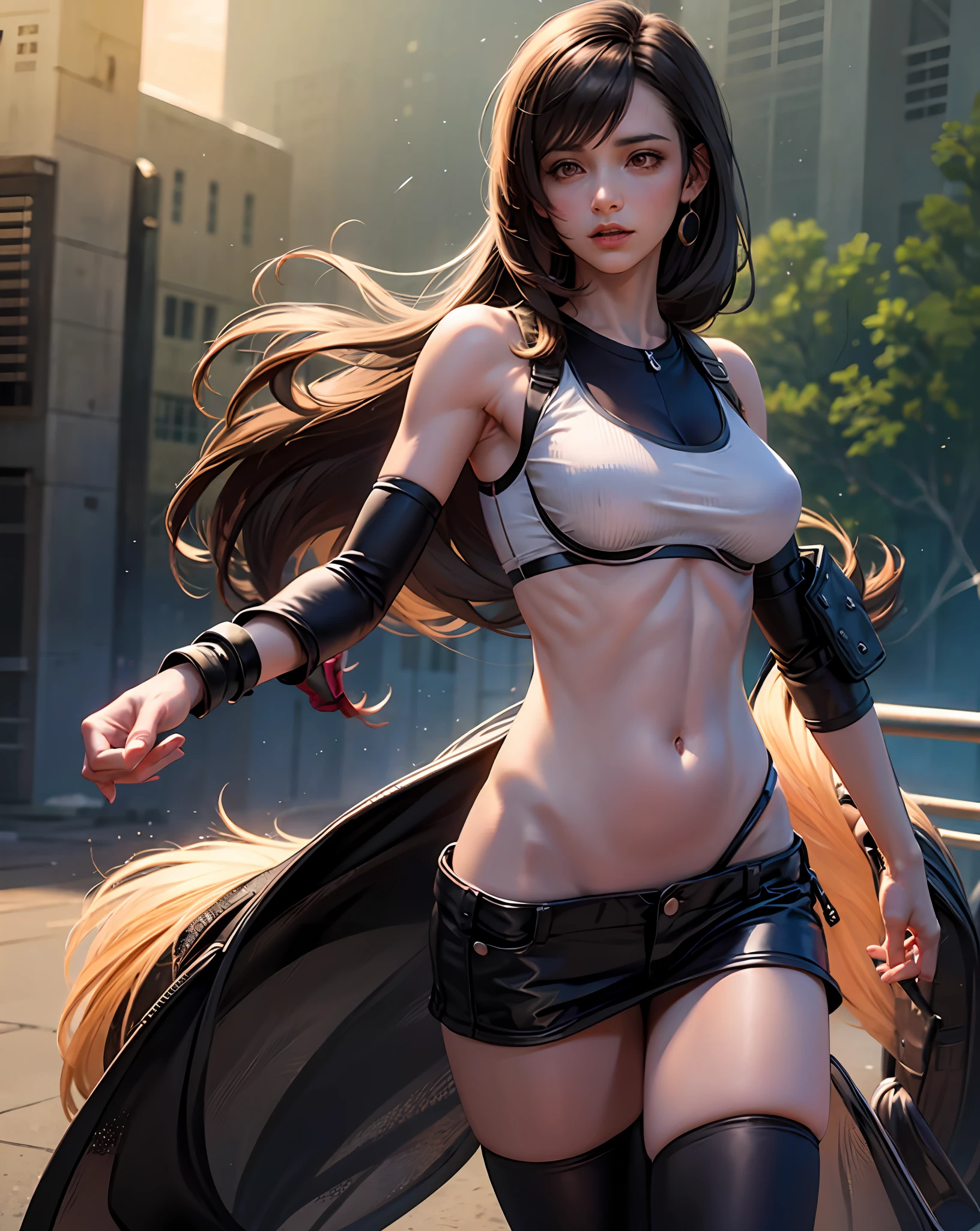 Tifa lockhart wearing grey sports wear, Thong, sports bra, long black hair, hair bangs, red eyes
