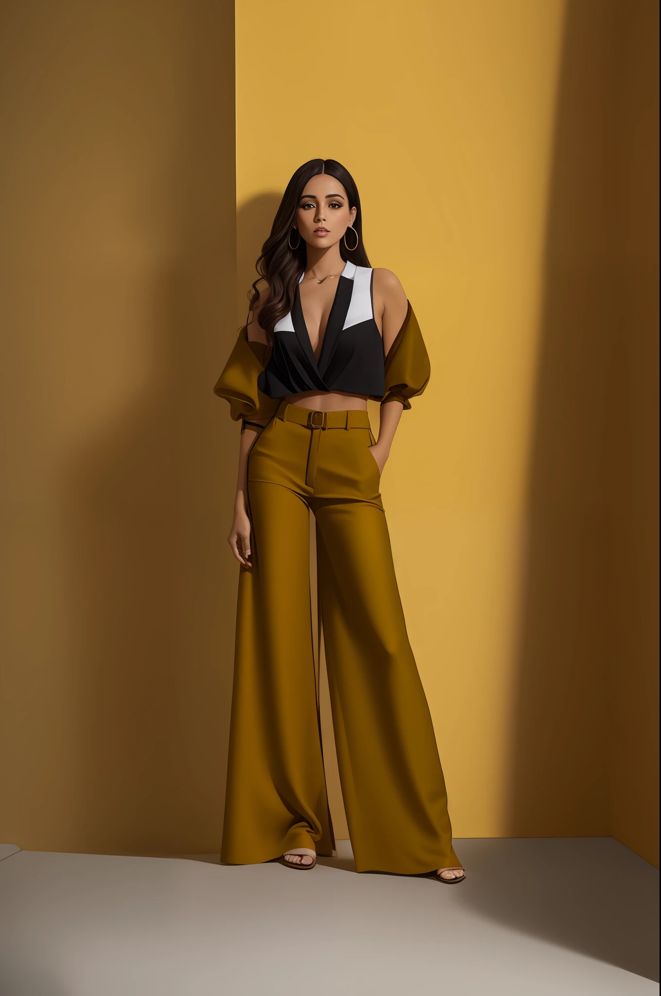 mulher arafed em uma roupa branca e amarela posando para uma foto, roupa branca de seda, amarelo geral, gradiente amarelo claro, com cintura fina, foto da roupa, photoshoot de moda high-end, Roupa multicamadas, gradiente amarelo, tiro de corpo inteiro, tiro de comprimento de corpo inteiro, imagem de corpo inteiro, Altura total do corpo inteiro, cetim