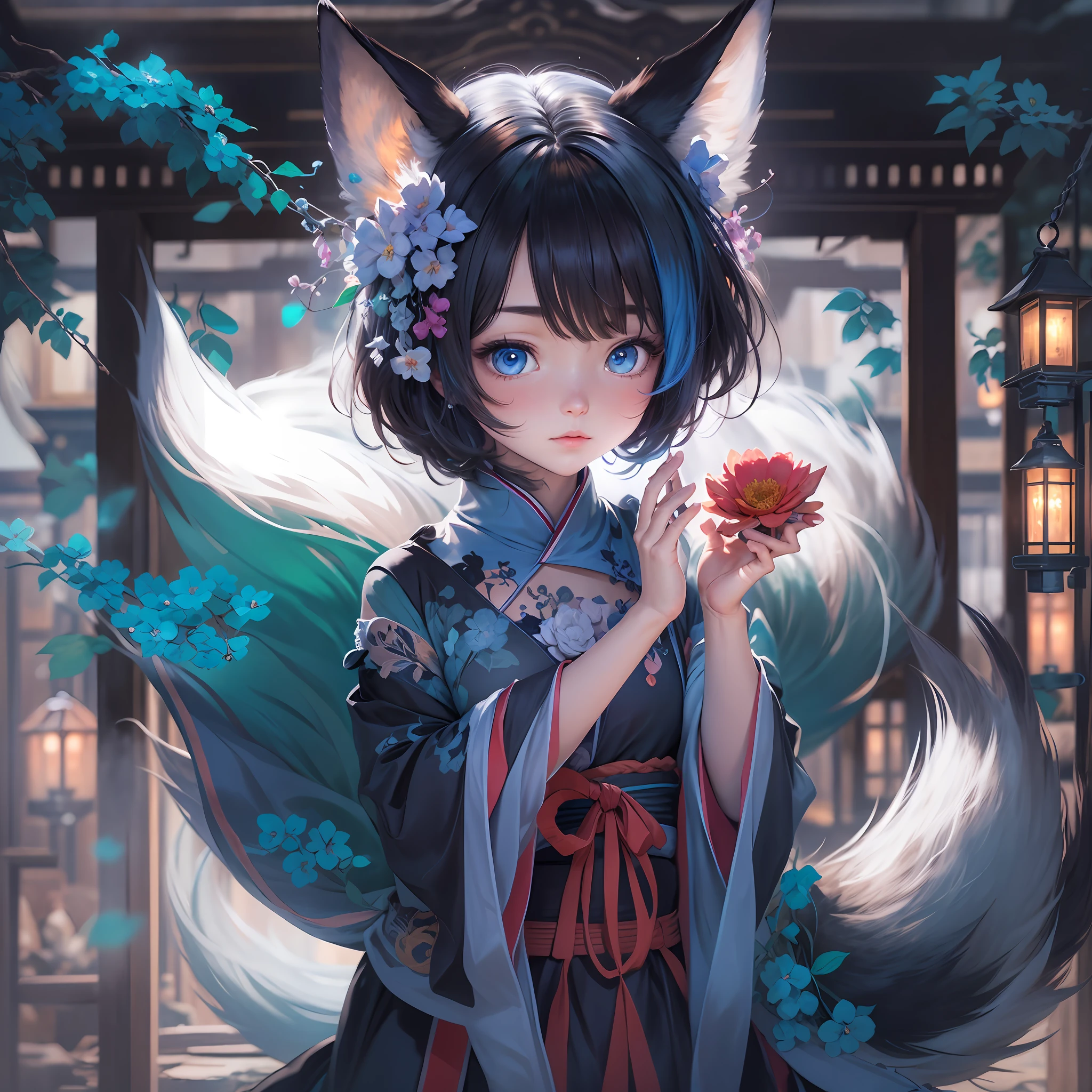 front vision, detailed close up angle, a shy adult girl, kitsune fanart, black short hair, blue eyes, black fox ears, blue dress with flower details, opening eyes, surprised face, in the temple, lantern night scene, curious, innocent, well drawn hand fingers, masterpiece, best quality, perfect model, best focus ,ultra detailed skin texture, trending on pinterest, by shaft studio, ultra detailed everything, ultra detailed realist anime photo