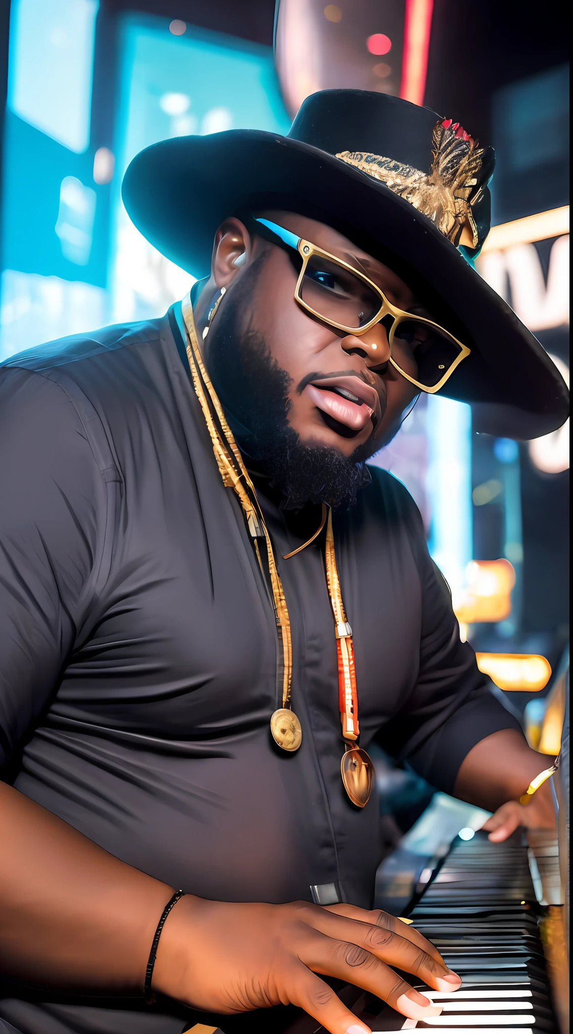 t-pain tocando piano de calda ultra realista ,estlo agressivo nitidez maxima,detalhes perfeito,olhando pra frente,agaxado barba grande,Detailed focus with cap,jeans and microphone in hand with a mystical and dark theme , time square, Dramatic Lighting Night,neon ,hiper detalhe (fundo detalhado: 1.4) luz cinamatica corpo detalhado --auto