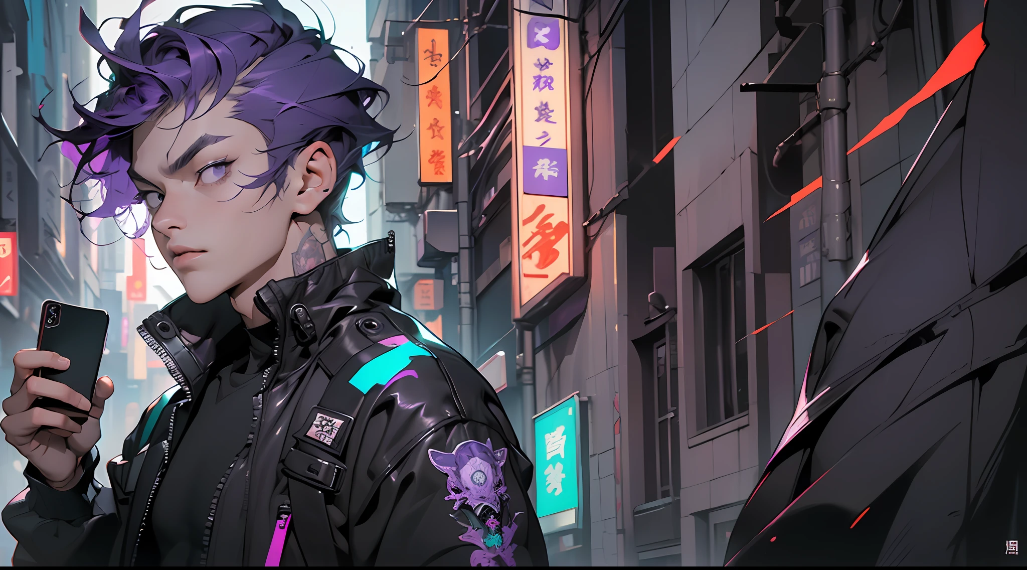 ((top-quality))、((masterpiece))、((realisitic))Ultra detailed photo of one nerdy boy with goth and neon colors。He((Purple hair))、Handsome man with a strong image、I have a smartphone in my hand、Wearing a purple techwear jacket、It exudes an atmosphere((Beautifully Aesthetic))、A sexy、hot、