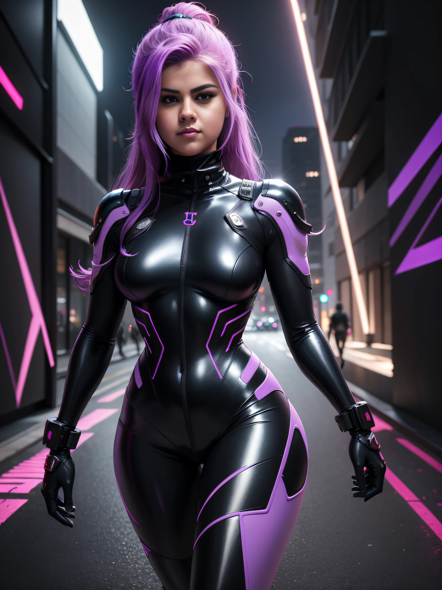 sozinha Selena Gomez, foto super fina, retrato Unreal Engine 5 8K UHD de menina bonita, Beautiful, medium round breasts, Esquema de cores vermelho e preto Tight Cybernetic Latex Catsuit, assassino cyberpunk, cyberpunk, cybernetic boots, cybernetic long glove, Futuristic Design, purple neon lights details, best quality, master part, Arte Oficial, Papel de parede 8k unificado, super detalhado, foco nítido, dynamic pose, partes do corpo.