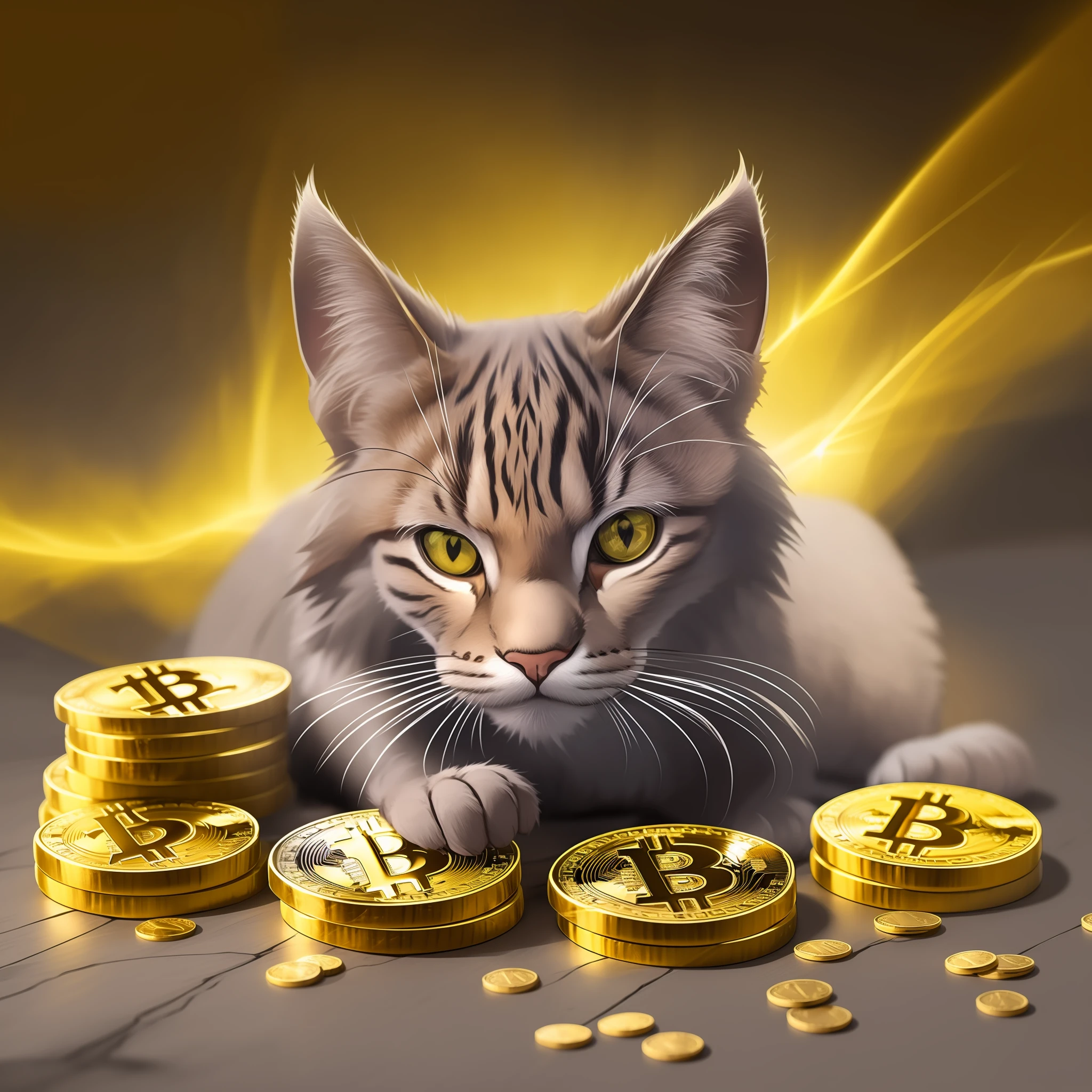 Gatinho preto e branco, caixa, ouro, bitcoin, moedas