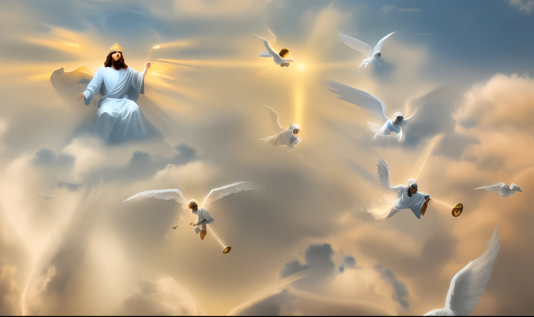 Return of Jesus with his realistic male angel coming on the realistic clouds we heavens sitting on his great golden throne realistic in the clouds of the realistic heavens