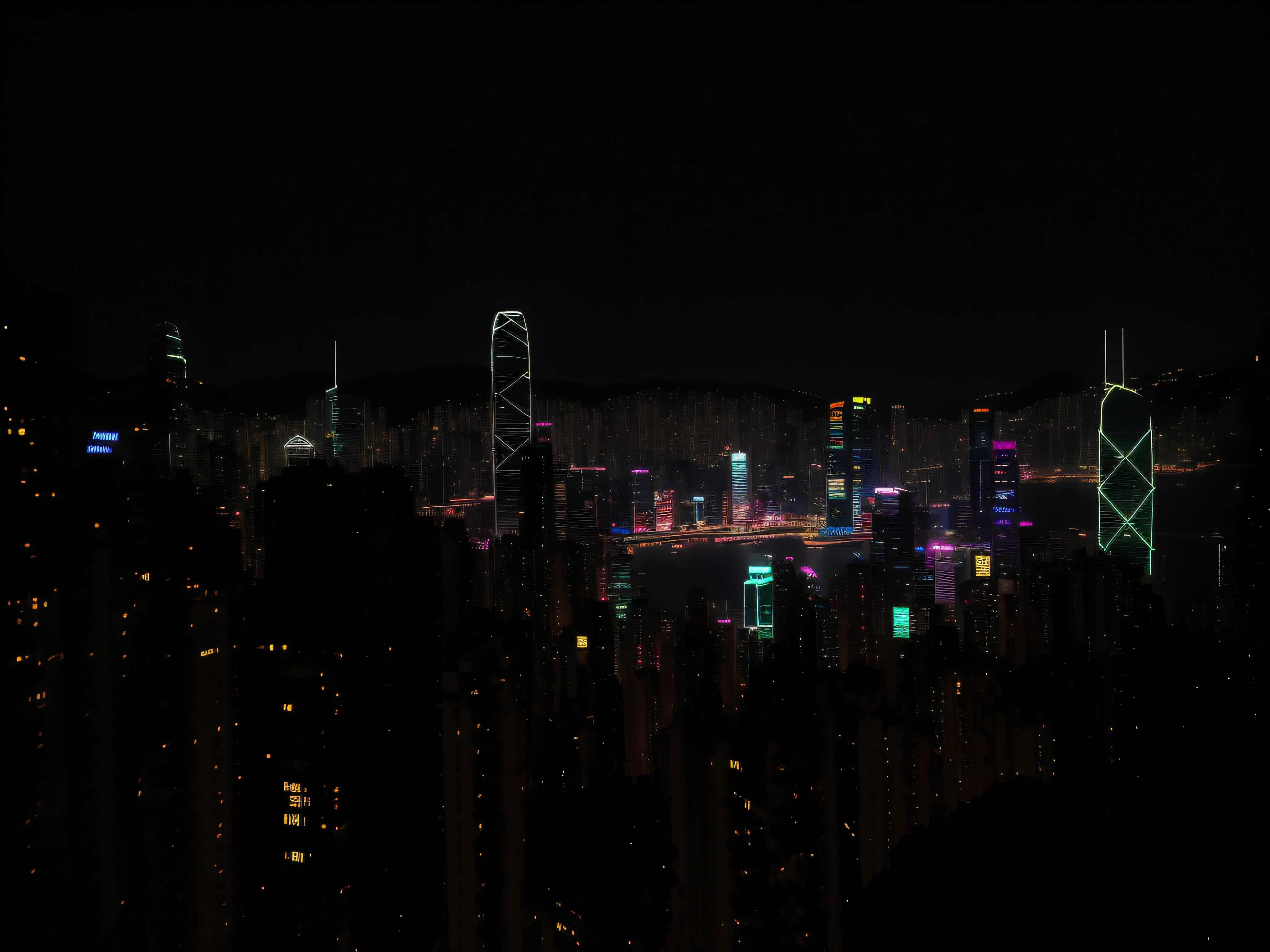 8K, RAW, Artful view of a city at night with a lot of lights, Hong Kong, scenic view at night, a city that never sleeps, the city lights are so bright they light up the night sky, Cyberpunk, vaper punk, Synthwave, Futurism, anti-utopia, Masterpiece, high-res, high-quality, cinematic style.