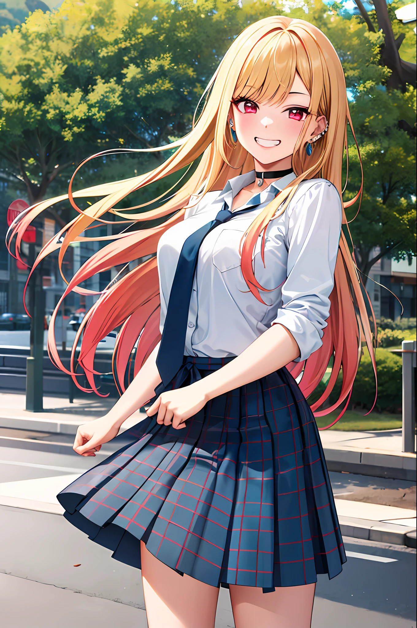 masterpiece, best quality, highres, kitagawa marin, 1girl, blonde hair, long hair, multicolored hair, red eyes, jewelry, earrings, piercing, school uniform, white shirt, tied shirt, black choker, blue necktie, plaid skirt, grin, smile, standing, cowboy shot, outdoors,