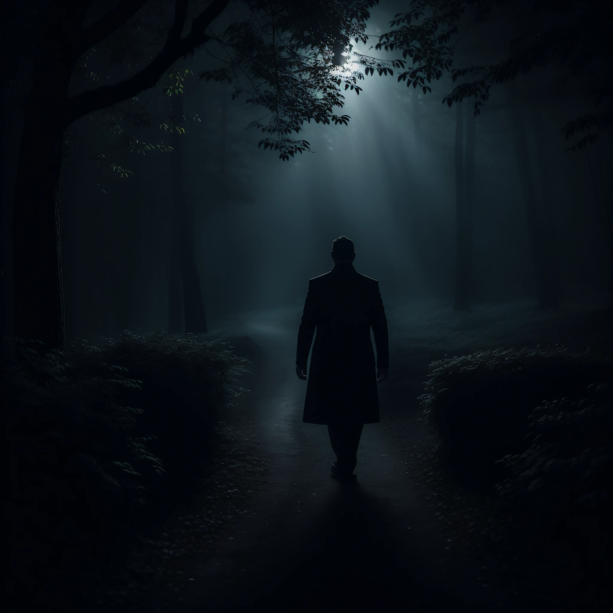 Image of a man in a dark forest at night, Personagem sombrio e sinistro, dark cinematic lighting, cinematic lighting at night, standing in a dark forest, Homem misterioso, cinematic moody lighting, silhueta estranha da pessoa, arte conceitual escura fotorrealista, dramatic cinematic shot, beautiful and cinematic lighting, he is traversing a shadowy city