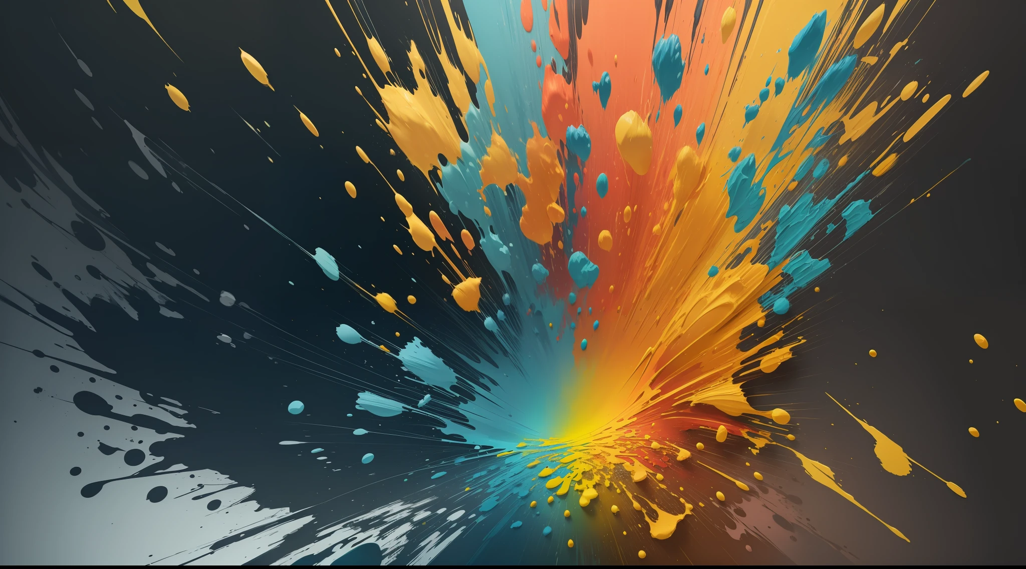 abstract paint splatter, volumetric paint explosion, masterpiece, abstract, high quality, detailed, level detail, vibrant colours, yellow and blue