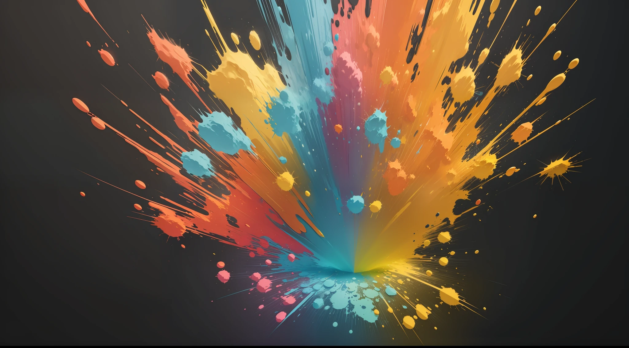 abstract paint splatter, volumetric paint explosion, masterpiece, abstract, high quality, detailed, level detail, vibrant colours, yellow and blue