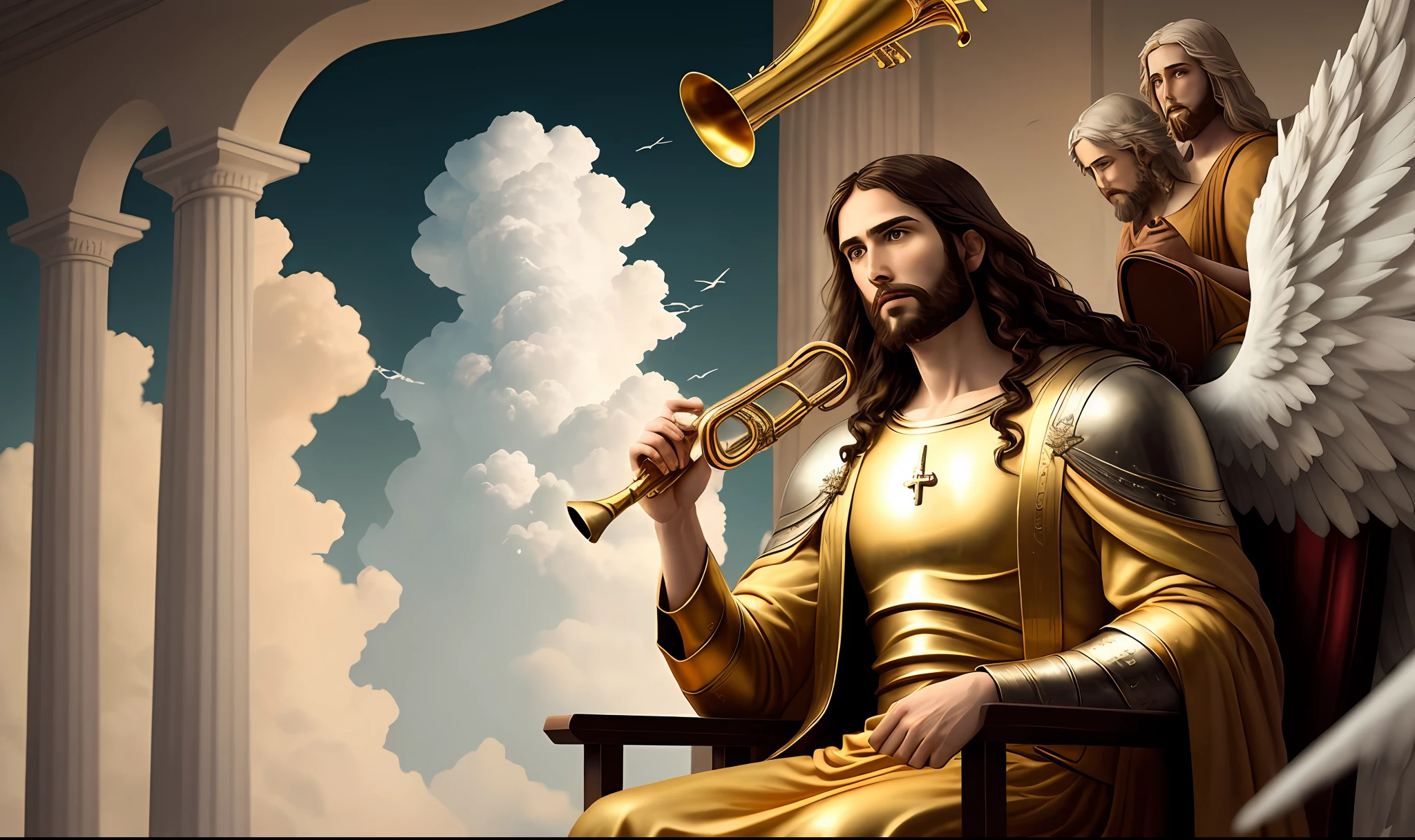 Return of Jesus with his realistic male angels coming over the realistic clouds in the heavens with trumpets in his hands . Jesus sitting on his great throne of realistic gold in the clouds of the realistic heavens. Imagem com bastante luz e cor.
