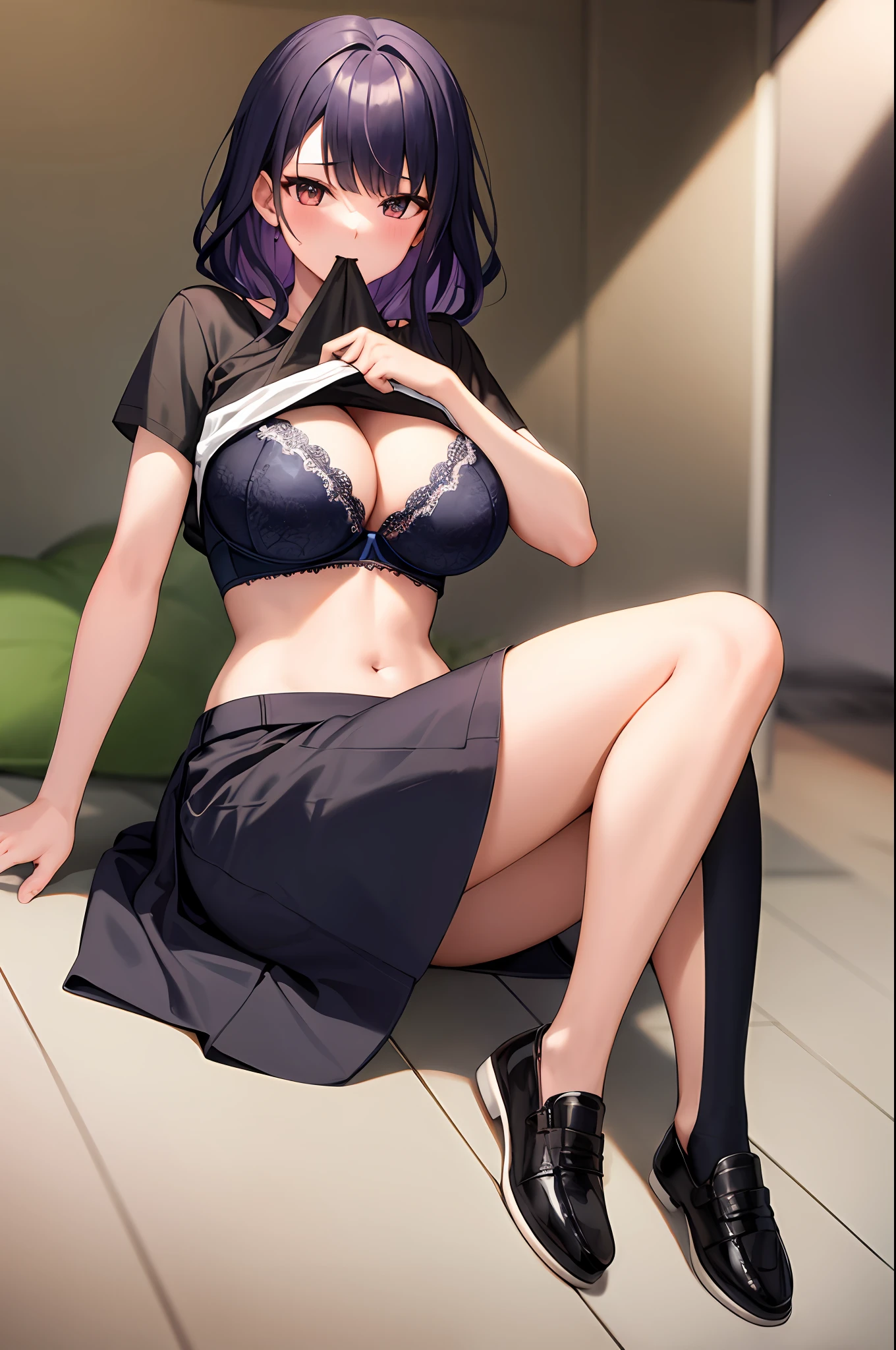 1girl, large breasts,clothes in mouth, cleavage, navel, t-shirt, ((bra)),clothes lift, shirt in mouth, skirt, lying, full Body,sexy body,sitting