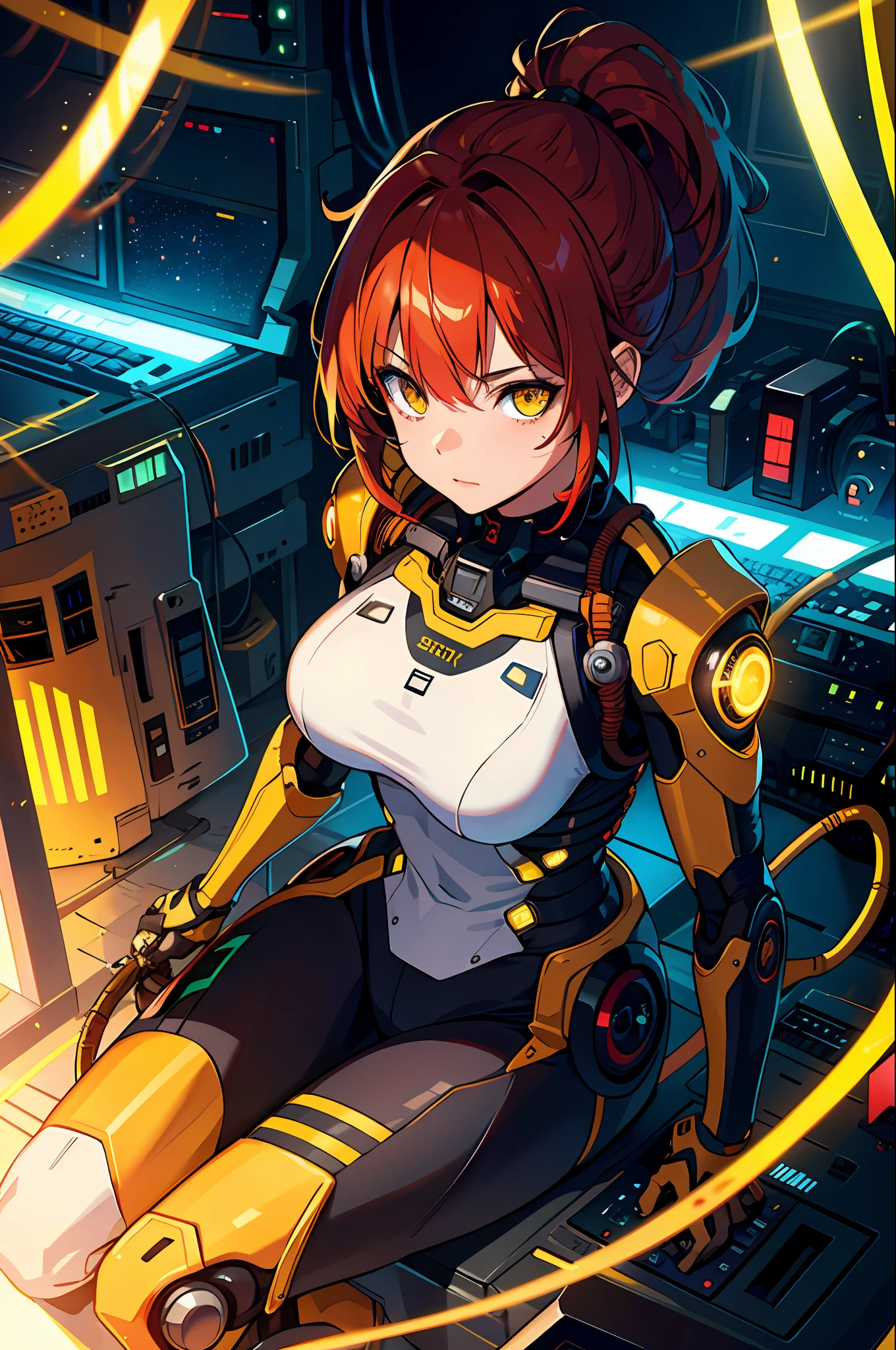 highres, highest quallity, illustration,  ultra detailed, (detailed face), (detailed eyes), cinematic lighting, best quality, hyper detailed, masterpiece,1girl, solo, red hair, yellow eyes, bangs, ponytail, mechanical spine, exosuit,  wires and cables, luminous eyes, medium breasts, light rays, (colorful), sitting, from above, cool tones, computers, science fiction