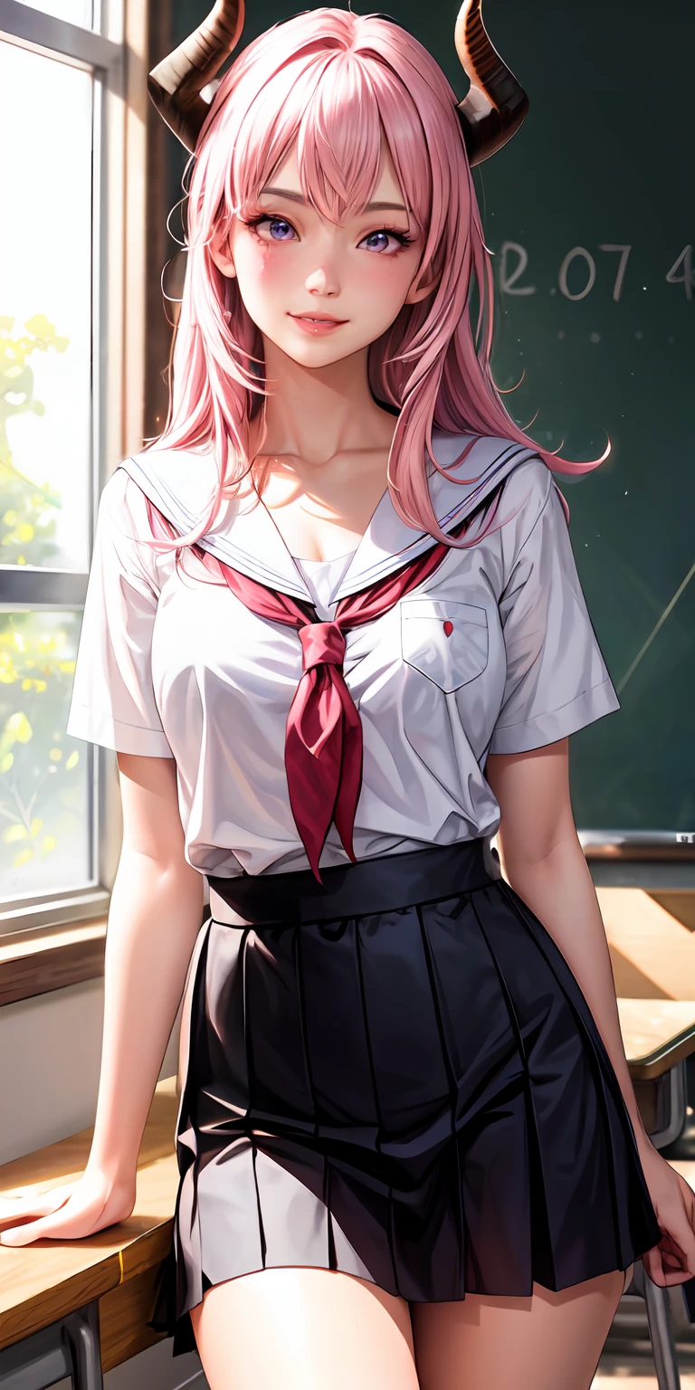 realistic, 1girl, pink hair, pink eyes, parted lips, blush, makeup, light smile, school uniform, classroom, light rays, glow, thighs, collarbone, narrow waist, (masterpiece), wallpaper, horns