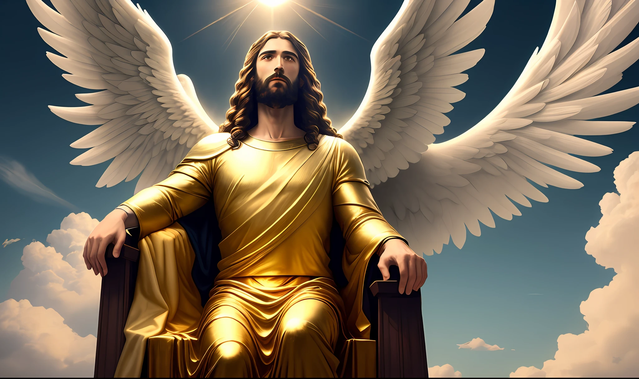Return of Jesus with his realistic male angels coming over the realistic clouds in the heavens with trumpets in his hands . Jesus sitting on his great throne of realistic gold in the clouds of the realistic heavens. Imagem com bastante luz e cor.