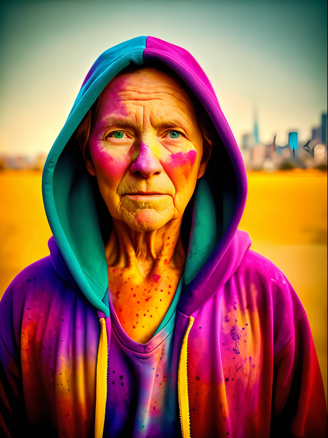 Handsome young man in a full-length hoodie, looks at the viewer, Smiling, Benevolent face, Holi Color Festival, European type of appearance, European face, Green eyes and blonde hair, Against the backdrop of a sunny city, Details, rays of sunshine, гипердетальный POV, by Lee Jeffries, Nikon D850, Camera roll, 4 Kodak Portra 400, F1 camera lens.6, saturated colors, A hyper-realistic, lifelike texture, spectacular lighting, Cinestill 800,