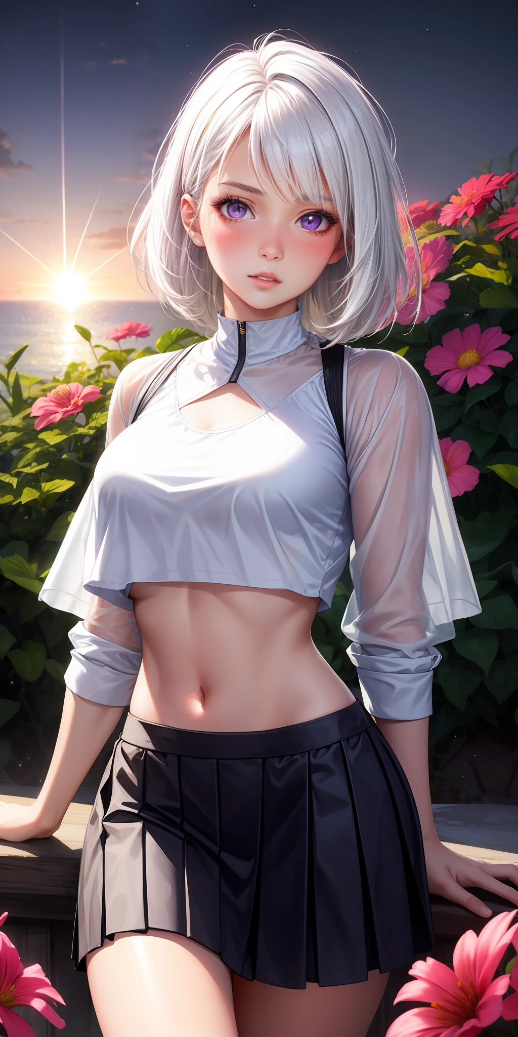 realistic, 1girl, white hair, purple eyes, glowing eyes, crop top, skirt, parted lips, blush, night, flowers, sun, sunlight,