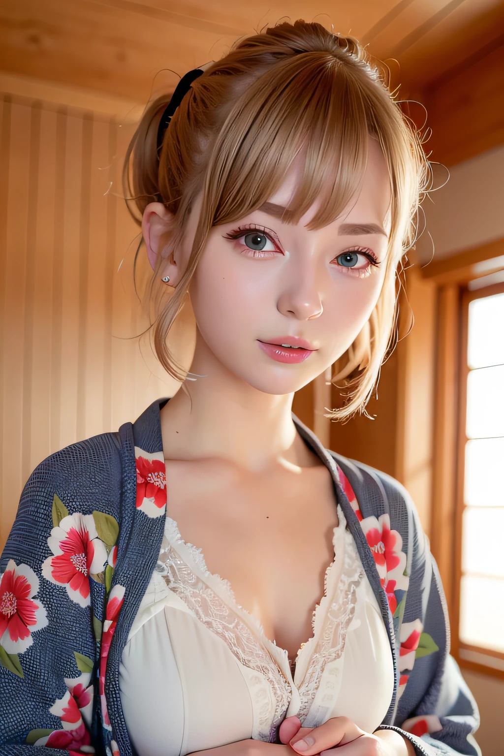 Close up photo of a girl、shorth hair、blonde  hair、Wearing a kimono、bedroom、sleepy、
top-quality、realisitic、Photorealsitic、(intricate detailes:1.2)、(delicate detail)、(ciinematic light、best quality backlight)、Clear Line、foco nítido、lifelike face、Detailed face
Unity 8K Wallpapers、超A high resolution、(Photorealsitic:1.4)、looking at the viewers、