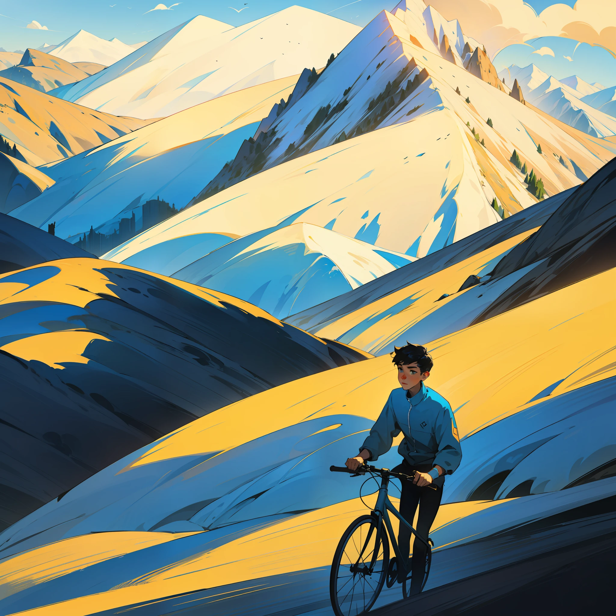 expansive landscape, dreamy, mood, mountains, boy on bike, pop- art, --auto