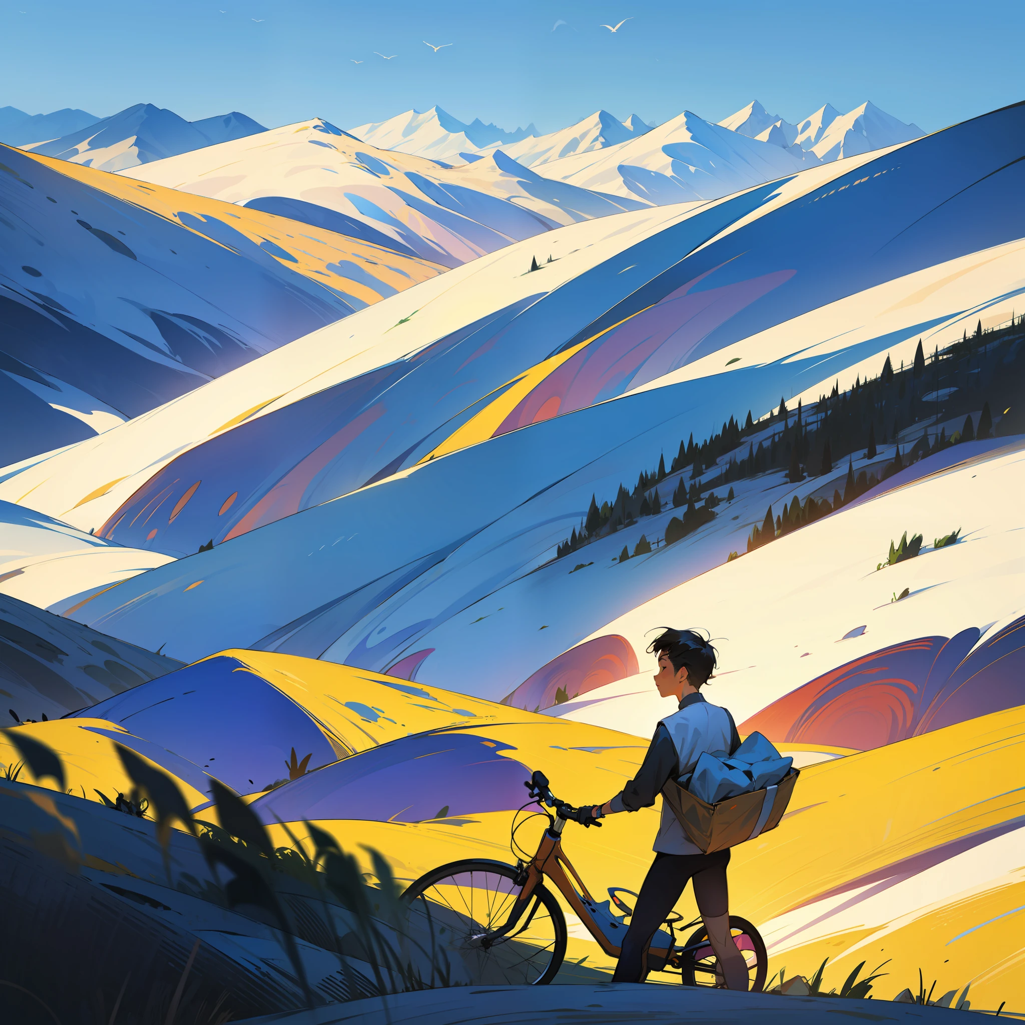 expansive landscape, dreamy, mood, mountains, boy on bike, pop- art, --auto