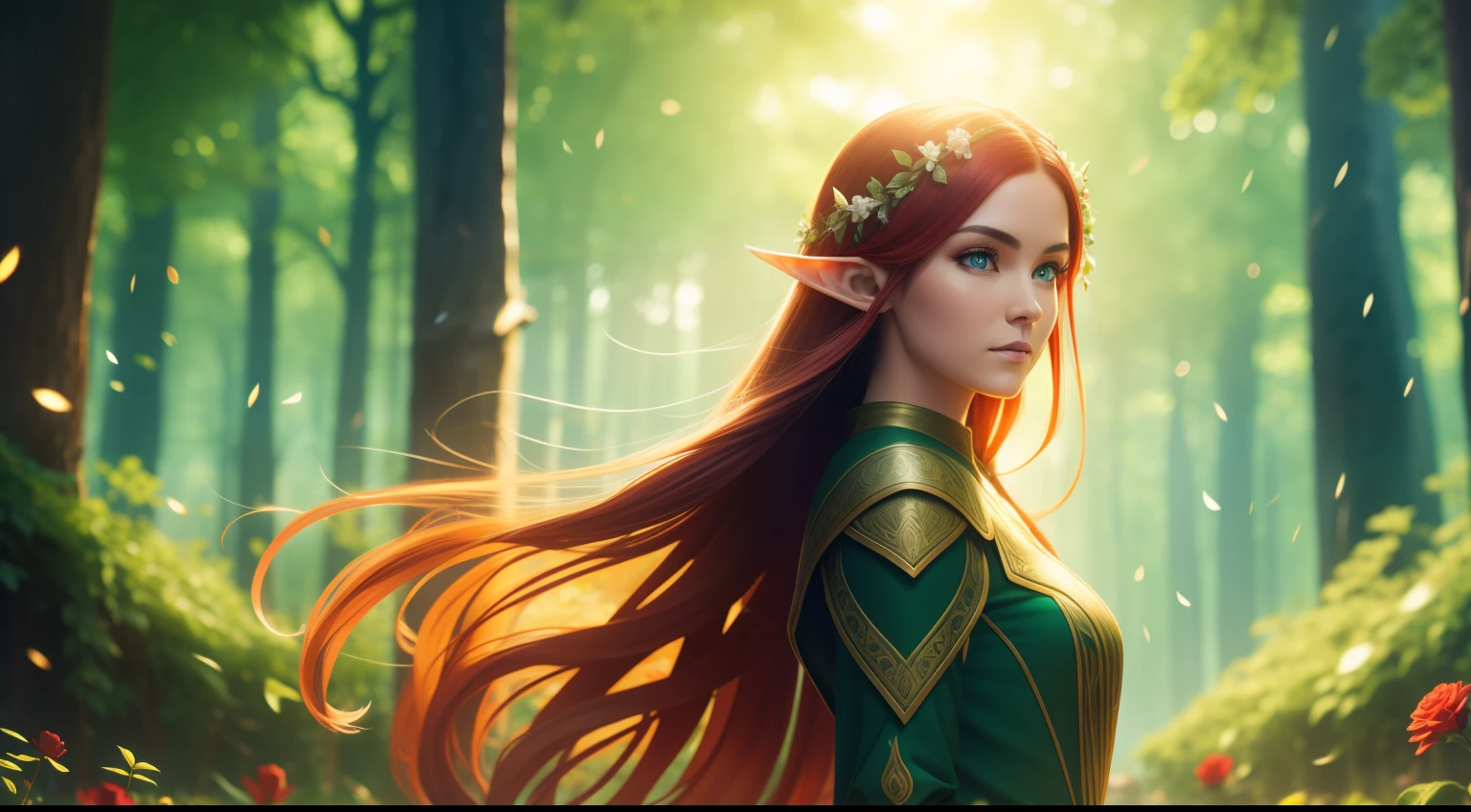 Elf realistic, beautiful elf, long hair with sunshine, red hair, (backlighting: 1.2), (flowering: 1.2), (bright light: 1.1), (chromatic aberration: 1.2), sharp focus, high contrast, (cinematic lighting: 1.2), movie trailer image, fantasy movie, (screen lighting: 1.1) Realism, Ultra-Wide Angle, 135mm, atmospheric perspective, 8k, Super Detail, Award Winning, Textured Skin, Super Detail, 16K, wise, green clothes