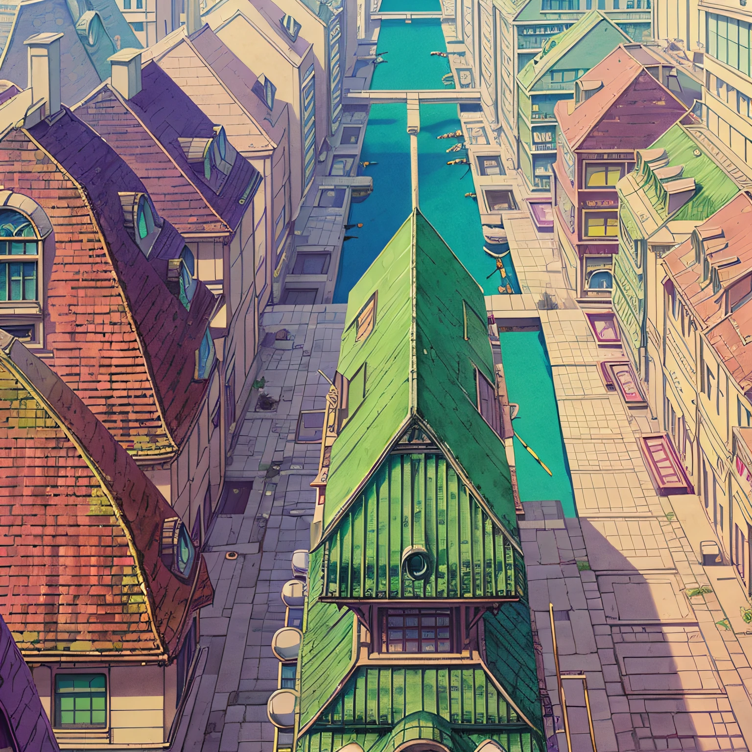 Anime girl, Birds eye view, Vertigo, cyberpunk environment, kintsugi windows in some of the apartments, key visuals Katsuhiro Otomo and Hiro Mashima, 90s anime style --auto