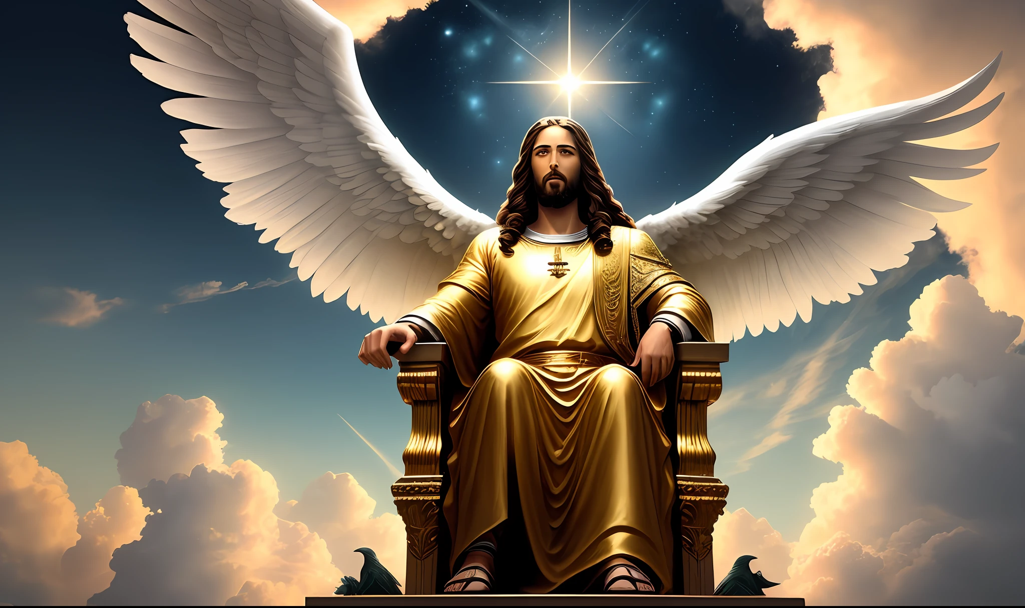 Return of Jesus with his realistic male angels coming over the realistic clouds in the heavens with trumpets in his hands . Jesus sitting on his great throne of realistic gold in the clouds of the realistic heavens. Imagem com bastante luz e cor.