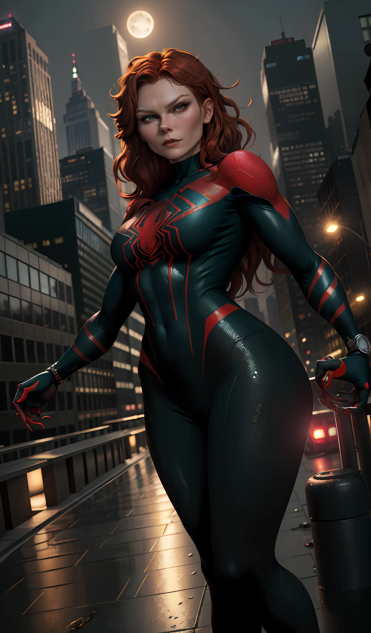 (young Kirsten Dunst), (Mary Jane Watson), (Masterpiece, 4k resolution, ultra-realistic, very detailed), (black superhero theme, charismatic, on top of town, wearing Spider-Man costume, she's a superhero), [ ((25 years), (long red hair:1.2), full body, (green eyes:1.2), ((Spider-Man pose), show of strength, jumping from one building to another), ((sandy urban environment):0.8), (cityscape, at night, dynamic lights), (full moon))] # Explanation: The Prompt mainly describes a 4K painting of ultra-high definition, very realistic, very detailed. It shows a superheroine at the top of the city, wearing a black Spider-Man costume. The theme in the painting is a black superhero theme, the female protagonist has long red hair, is 25 years old and her entire body is shown in the painting. In terms of portraying the actions of superheroines, spiders are employed