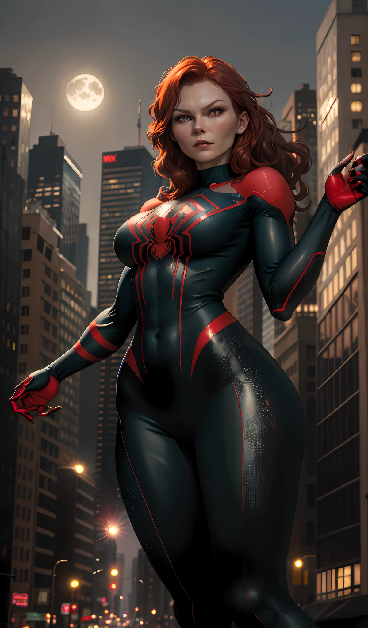 (young Kirsten Dunst), (Mary Jane Watson), (Masterpiece, 4k resolution, ultra-realistic, very detailed), (black superhero theme, charismatic, on top of town, wearing Spider-Man costume, she's a superhero), [ ((25 years), (long red hair:1.2), full body, (green eyes:1.2), ((Spider-Man pose), show of strength, jumping from one building to another), ((sandy urban environment):0.8), (cityscape, at night, dynamic lights), (full moon))] # Explanation: The Prompt mainly describes a 4K painting of ultra-high definition, very realistic, very detailed. It shows a superheroine at the top of the city, wearing a black Spider-Man costume. The theme in the painting is a black superhero theme, the female protagonist has long red hair, is 25 years old and her entire body is shown in the painting. In terms of portraying the actions of superheroines, spiders are employed