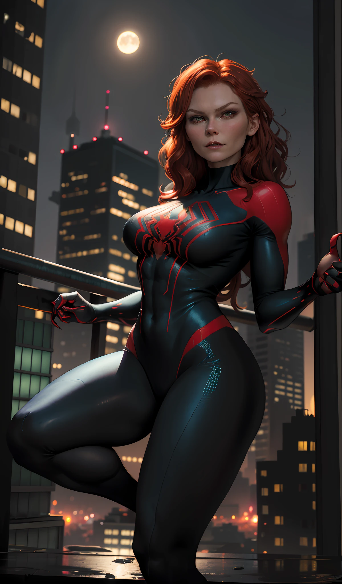 (young Kirsten Dunst), (Mary Jane Watson), (Masterpiece, 4k resolution, ultra-realistic, very detailed), (black superhero theme, charismatic, on top of town, wearing Spider-Man costume, she's a superhero), [ ((25 years), (long red hair:1.2), full body, (green eyes:1.2), ((Spider-Man pose), show of strength, jumping from one building to another), ((sandy urban environment):0.8), (cityscape, at night, dynamic lights), (full moon))] # Explanation: The Prompt mainly describes a 4K painting of ultra-high definition, very realistic, very detailed. It shows a superheroine at the top of the city, wearing a black Spider-Man costume. The theme in the painting is a black superhero theme, the female protagonist has long red hair, is 25 years old and her entire body is shown in the painting. In terms of portraying the actions of superheroines, spiders are employed