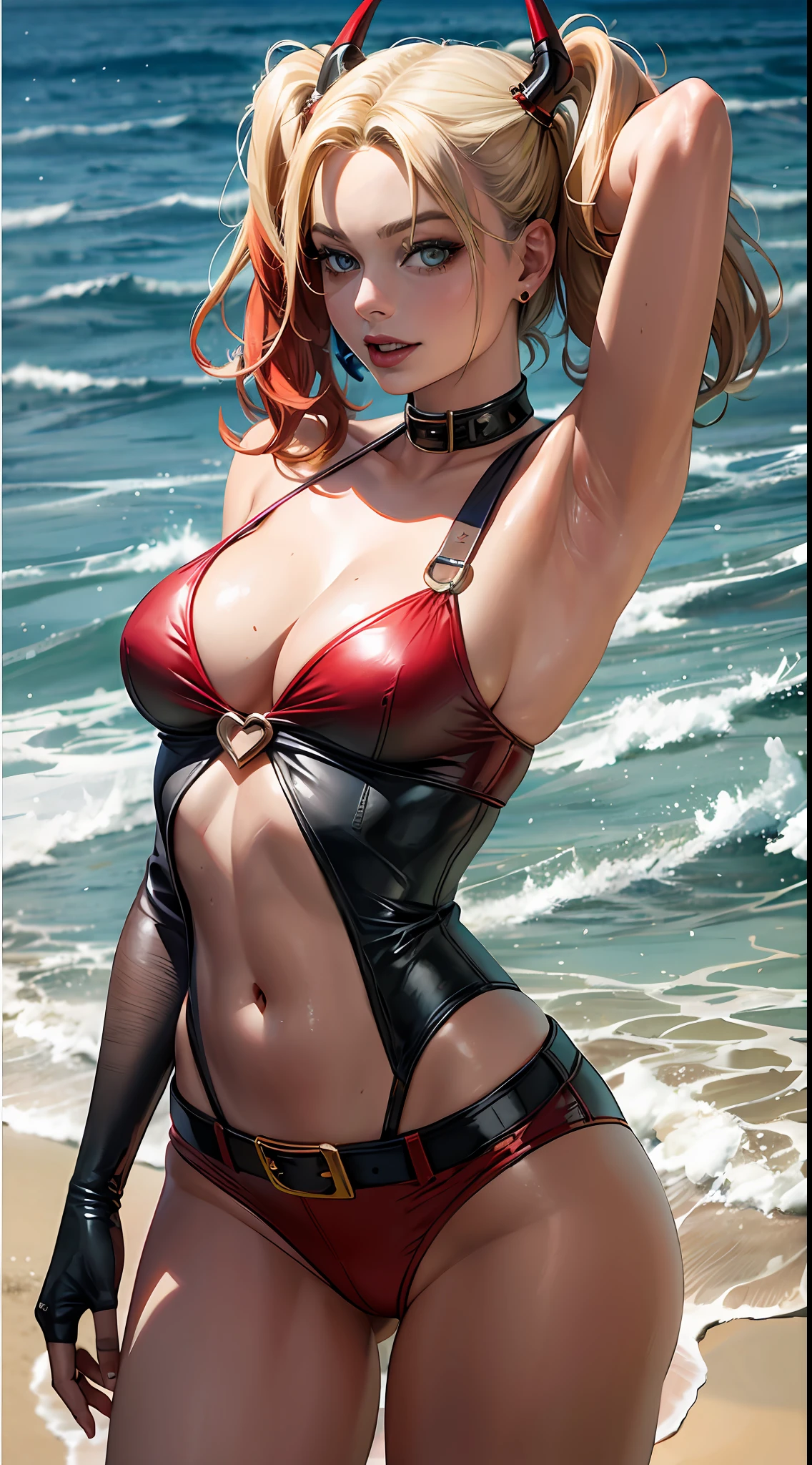 margot robbie as a gorgeous Harley Quinn standing on sand wind in the hair