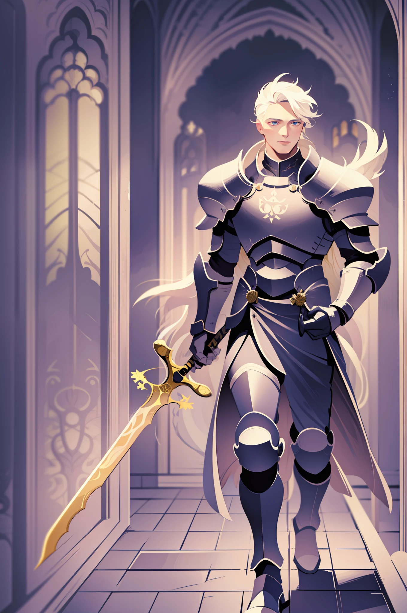 knight, young men, sword holding , schield holding, angel, silver hair, blue eyes, portrait, 1character, full body muscular male, boots, walking