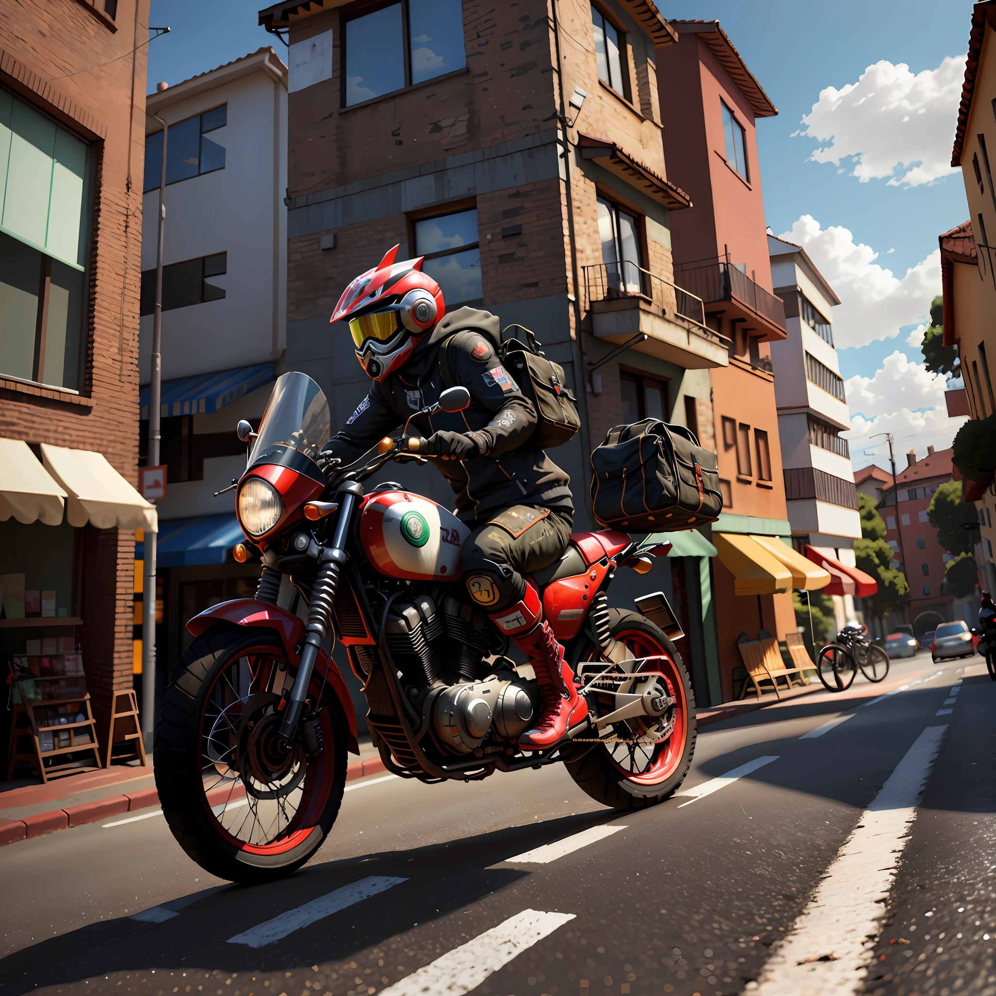 Um ultra-detalhado, ultra-realistic, HDR 3D Masterpiece moto esportiva vermelha em uma rua chuvosa em uma paisagem cyber punk
