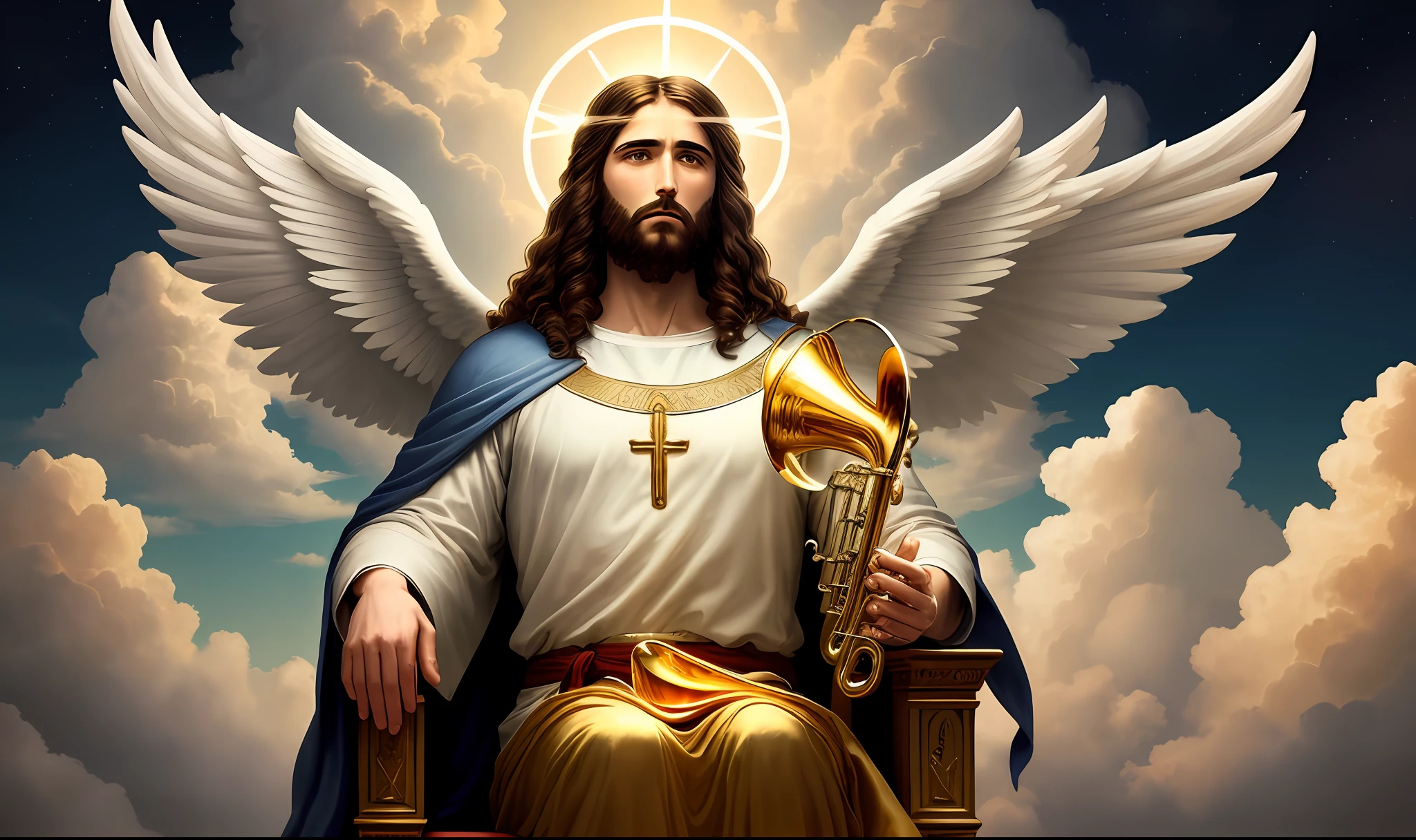 Return of Jesus with his realistic male angels coming over the realistic clouds in the heavens with trumpets in his hands . Jesus sitting on his great throne of realistic gold in the clouds of the realistic heavens. Imagem com bastante luz e cor.