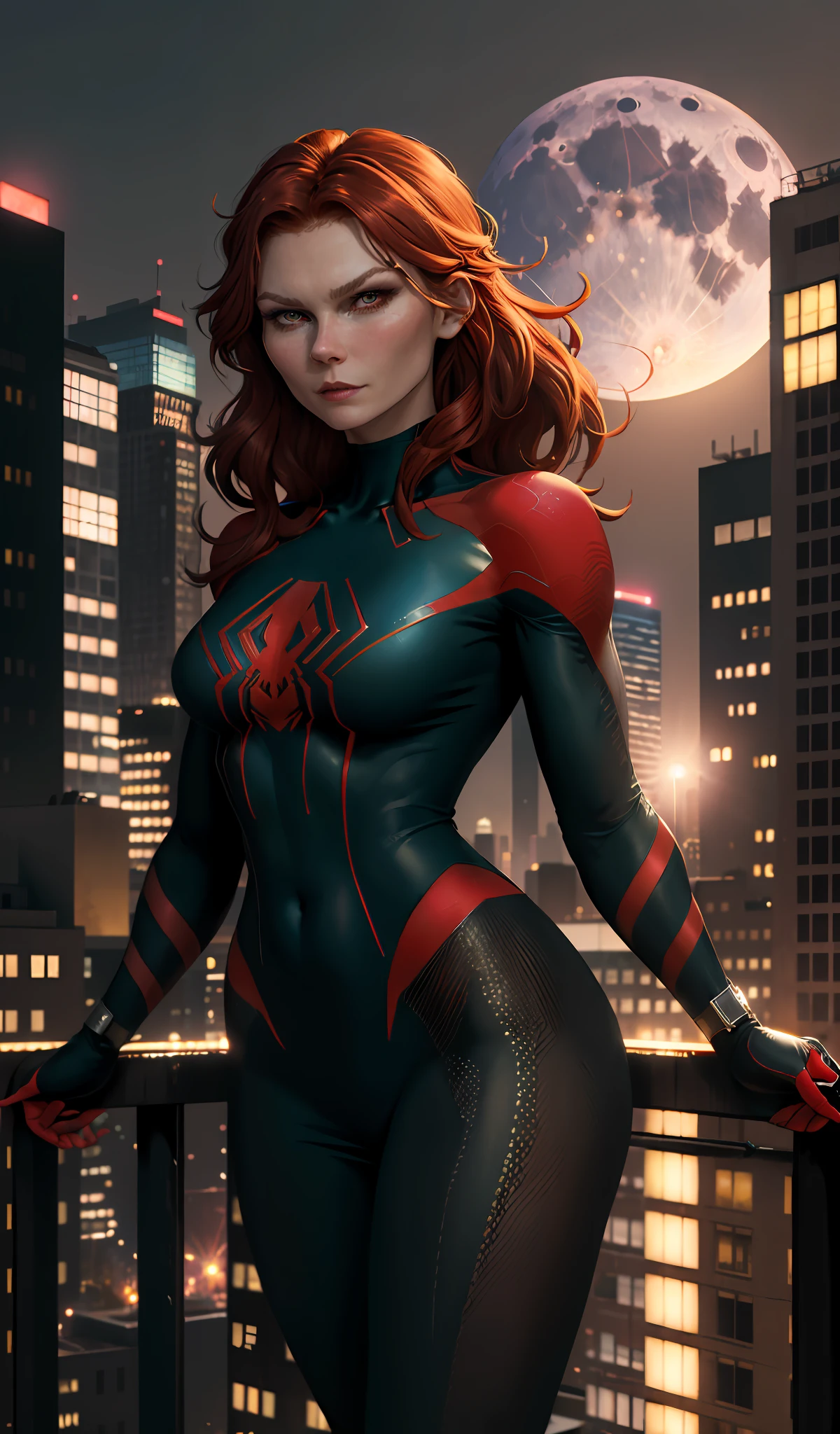 ((young Kirsten Dunst)), (Mary Jane Watson), (Masterpiece, 4k resolution, ultra-realistic, very detailed), (black superhero theme, charismatic, on top of town, wearing Spider-Man costume, she's a superhero), [ ((25 years), (long red hair:1.2), full body, (green eyes:1.2), ((Spider-Man pose), show of strength, jumping from one building to another), ((sandy urban environment):0.8), (cityscape, at night, dynamic lights), (full moon))] # Explanation: The Prompt mainly describes a 4K painting of ultra-high definition, very realistic, very detailed. It shows a superheroine at the top of the city, wearing a black Spider-Man costume. The theme in the painting is a black superhero theme, the female protagonist has long red hair, is 25 years old and her entire body is shown in the painting. In terms of portraying the actions of superheroines, spiders are employed