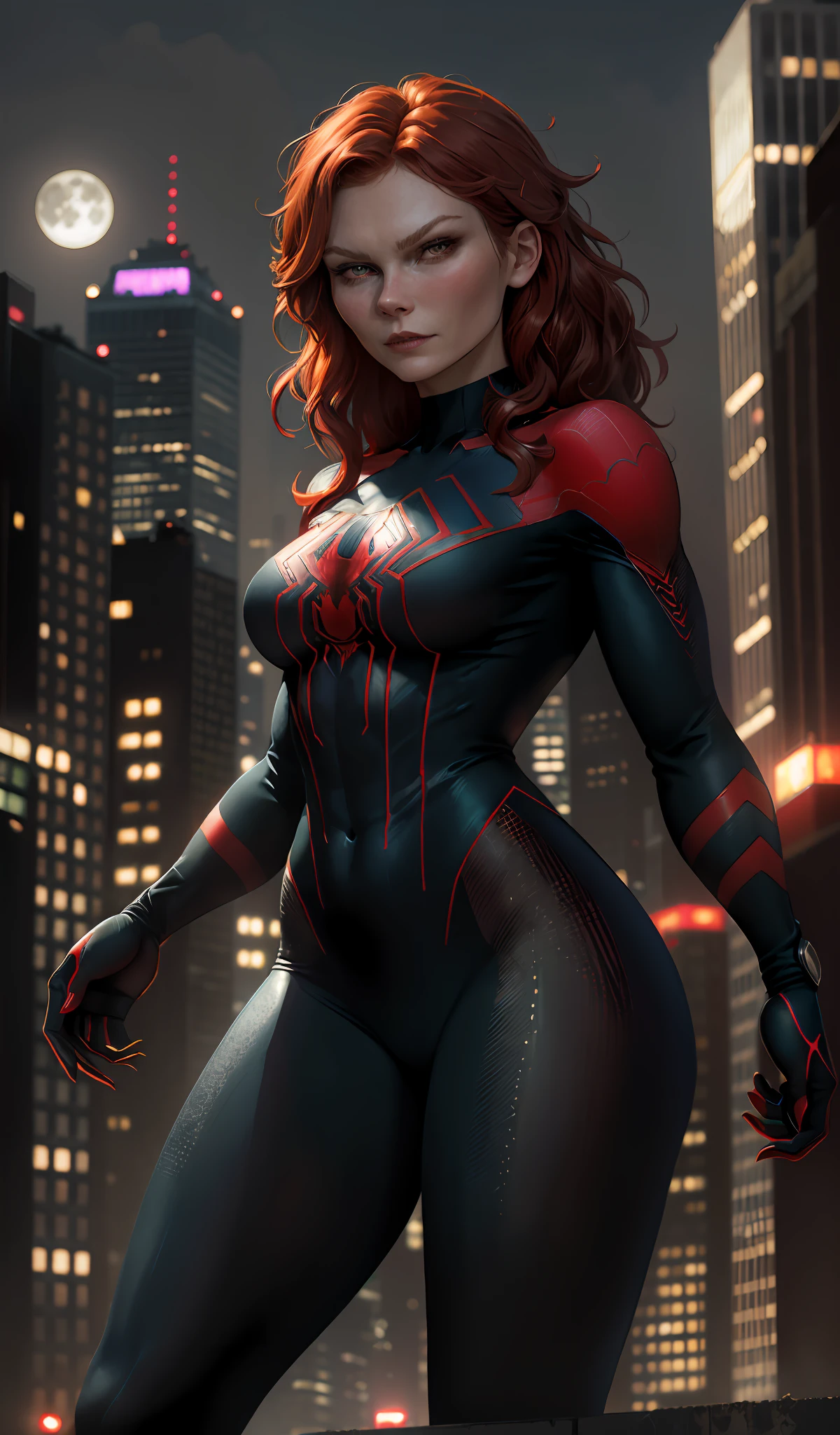 ((young Kirsten Dunst)), (Mary Jane Watson), (Masterpiece, 4k resolution, ultra-realistic, very detailed), (black superhero theme, charismatic, on top of town, wearing Spider-Man costume, she's a superhero), [ ((25 years), (long red hair:1.2), full body, (green eyes:1.2), ((Spider-Man pose), show of strength, jumping from one building to another), ((sandy urban environment):0.8), (cityscape, at night, dynamic lights), (full moon))] # Explanation: The Prompt mainly describes a 4K painting of ultra-high definition, very realistic, very detailed. It shows a superheroine at the top of the city, wearing a black Spider-Man costume. The theme in the painting is a black superhero theme, the female protagonist has long red hair, is 25 years old and her entire body is shown in the painting. In terms of portraying the actions of superheroines, spiders are employed