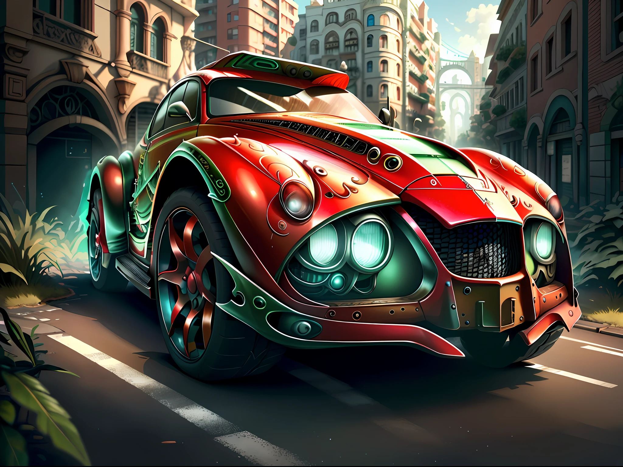 Um ultra-detalhado, ultra-realistic, HDR 3D Masterpiece carro esportivo vermelho em uma rua chuvosa em uma paisagem cyber punk