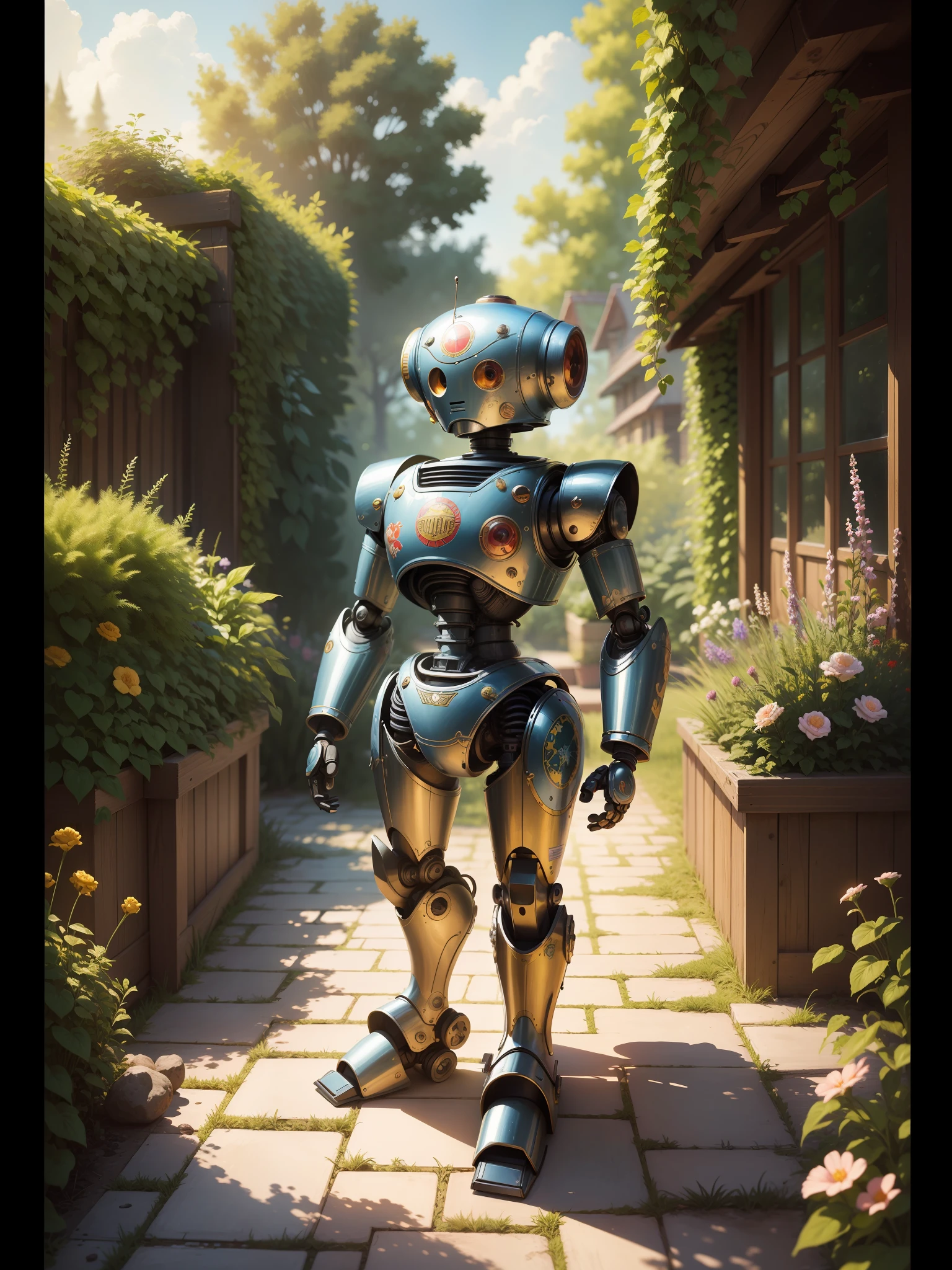 masterpiece,best quality,high resolution,extra detailed,highly detailed background, a illustration , a tin toy robot, garden